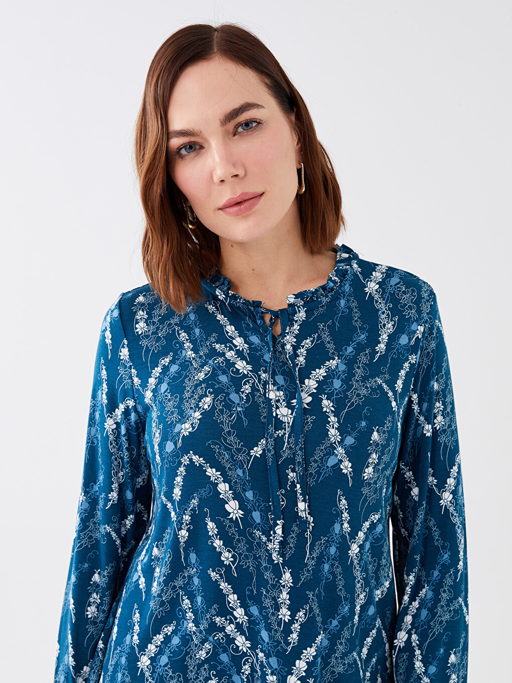Tie Neck Patterned Long Sleeve Women's Blouse-1
