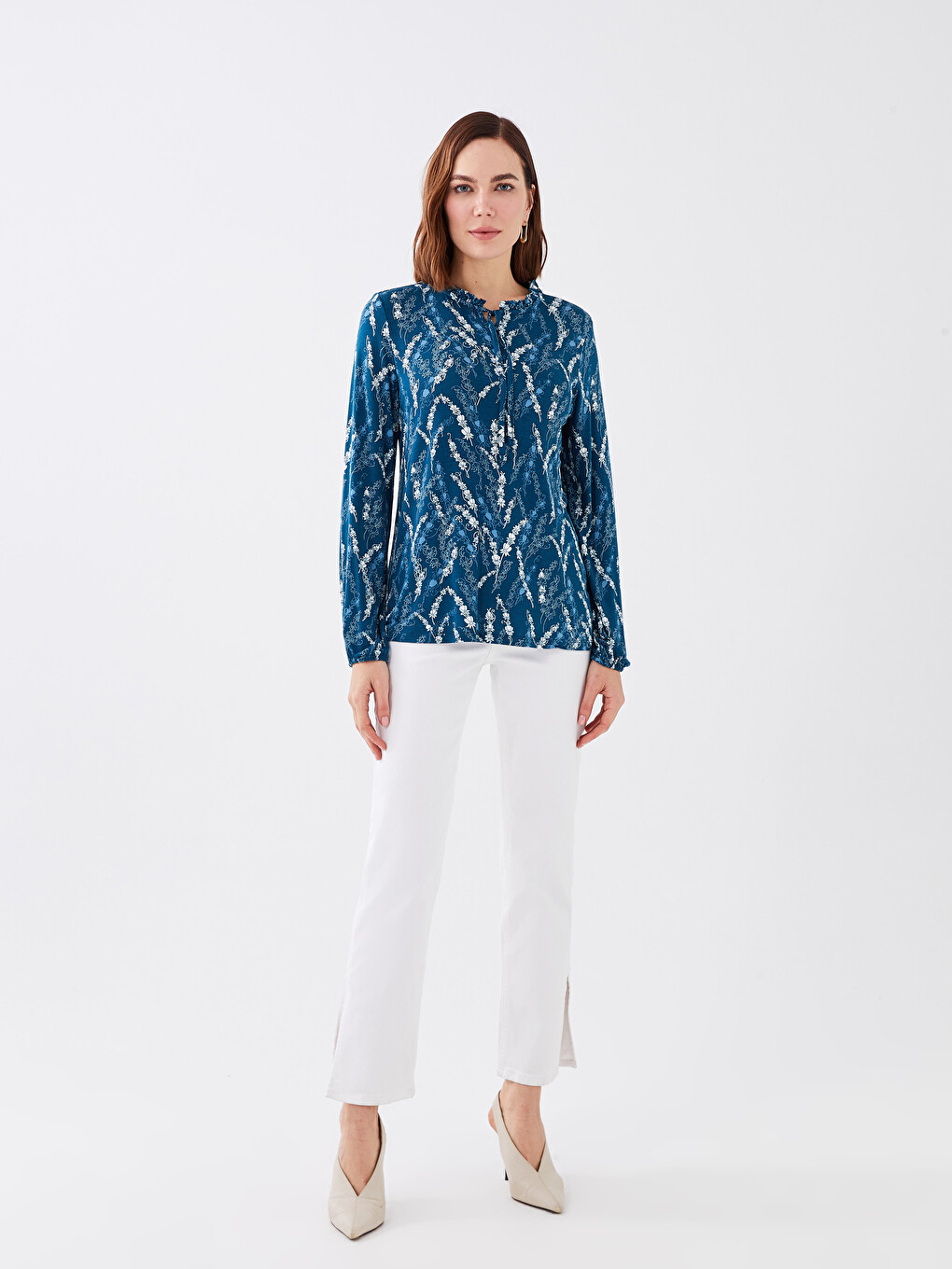 Tie Neck Patterned Long Sleeve Women's Blouse-2