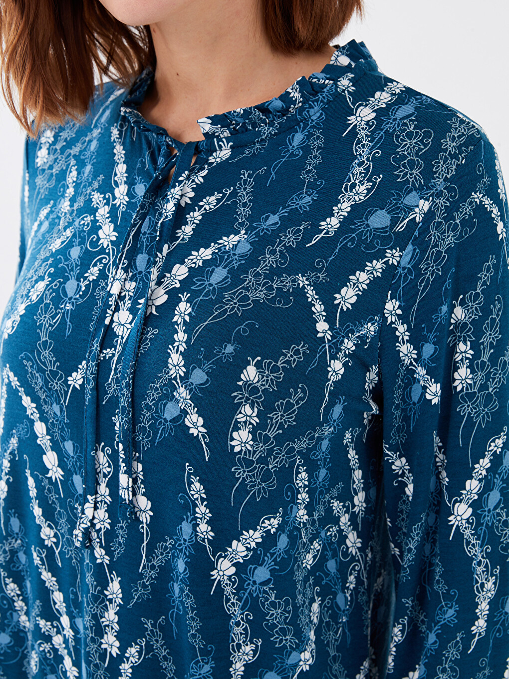 Tie Neck Patterned Long Sleeve Women's Blouse-3
