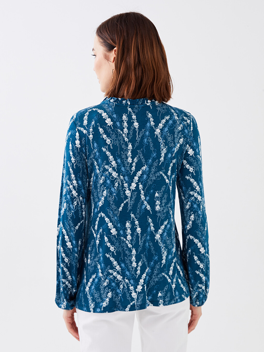 Tie Neck Patterned Long Sleeve Women's Blouse-4