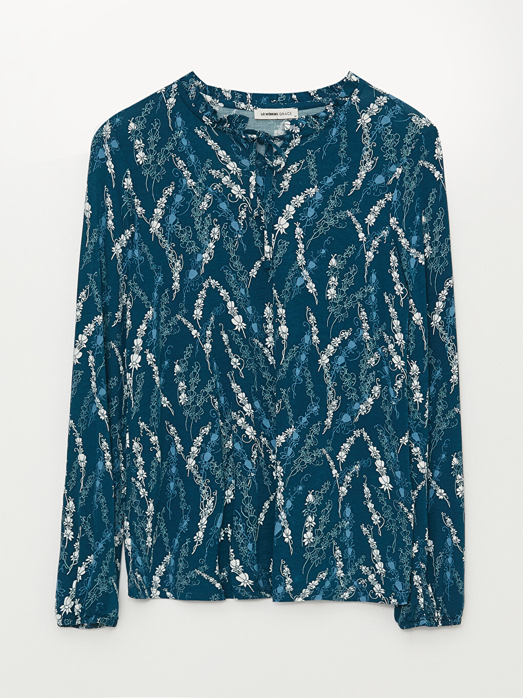 Tie Neck Patterned Long Sleeve Women's Blouse-5