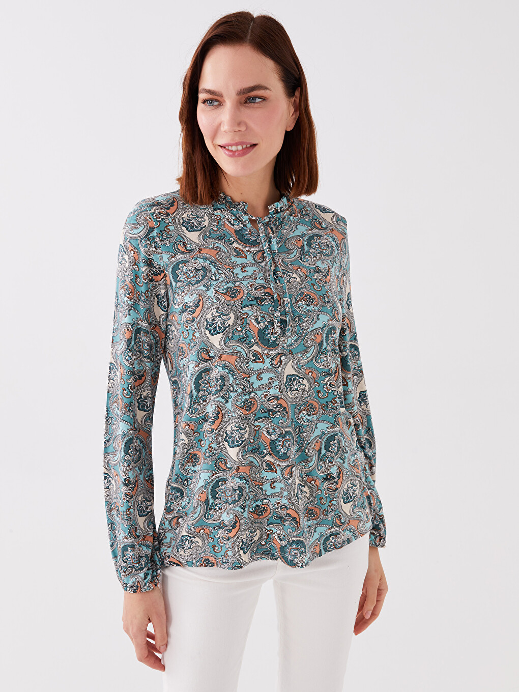 Tie Neck Patterned Long Sleeve Women's Blouse