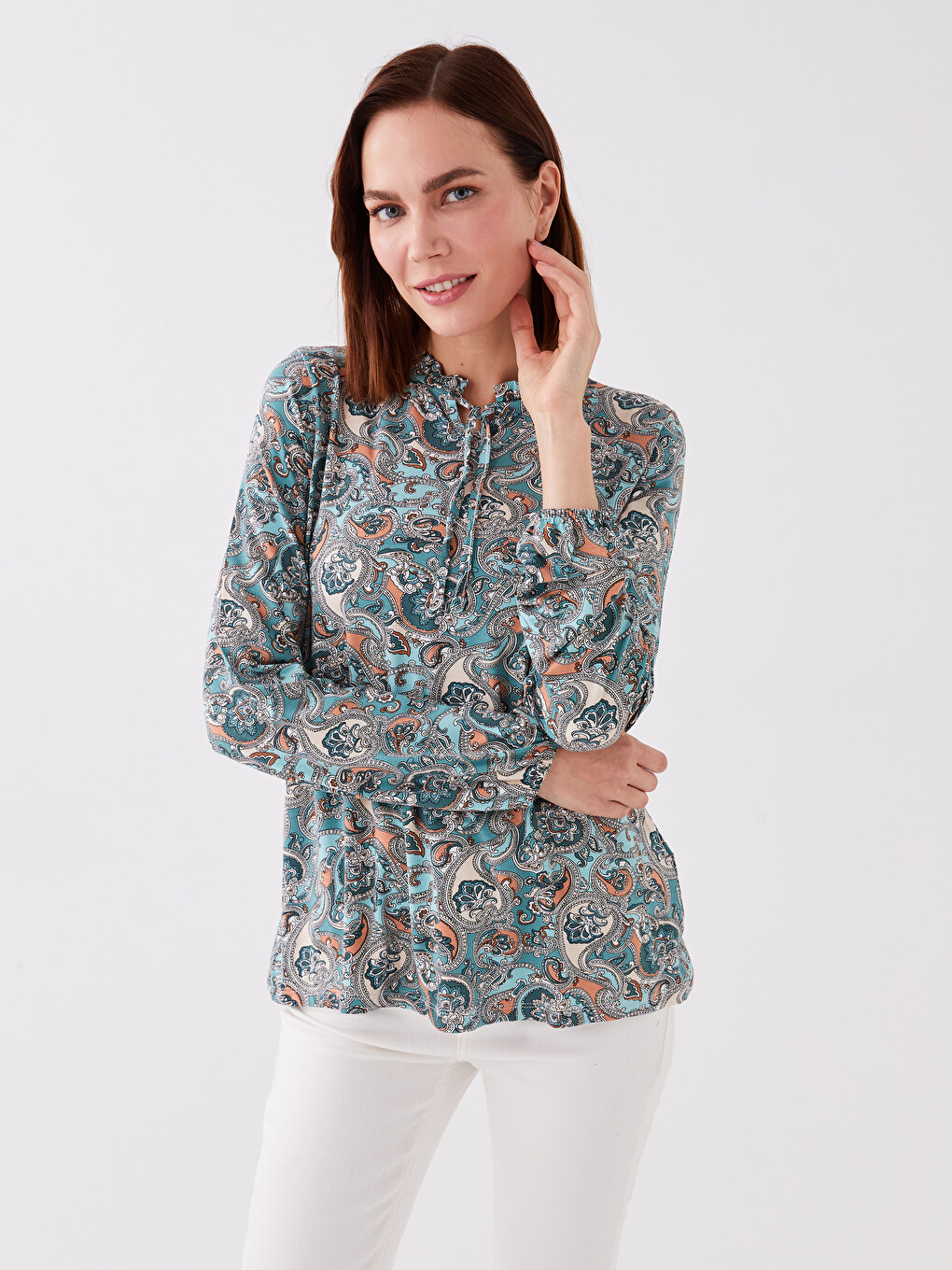 Tie Neck Patterned Long Sleeve Women's Blouse-1