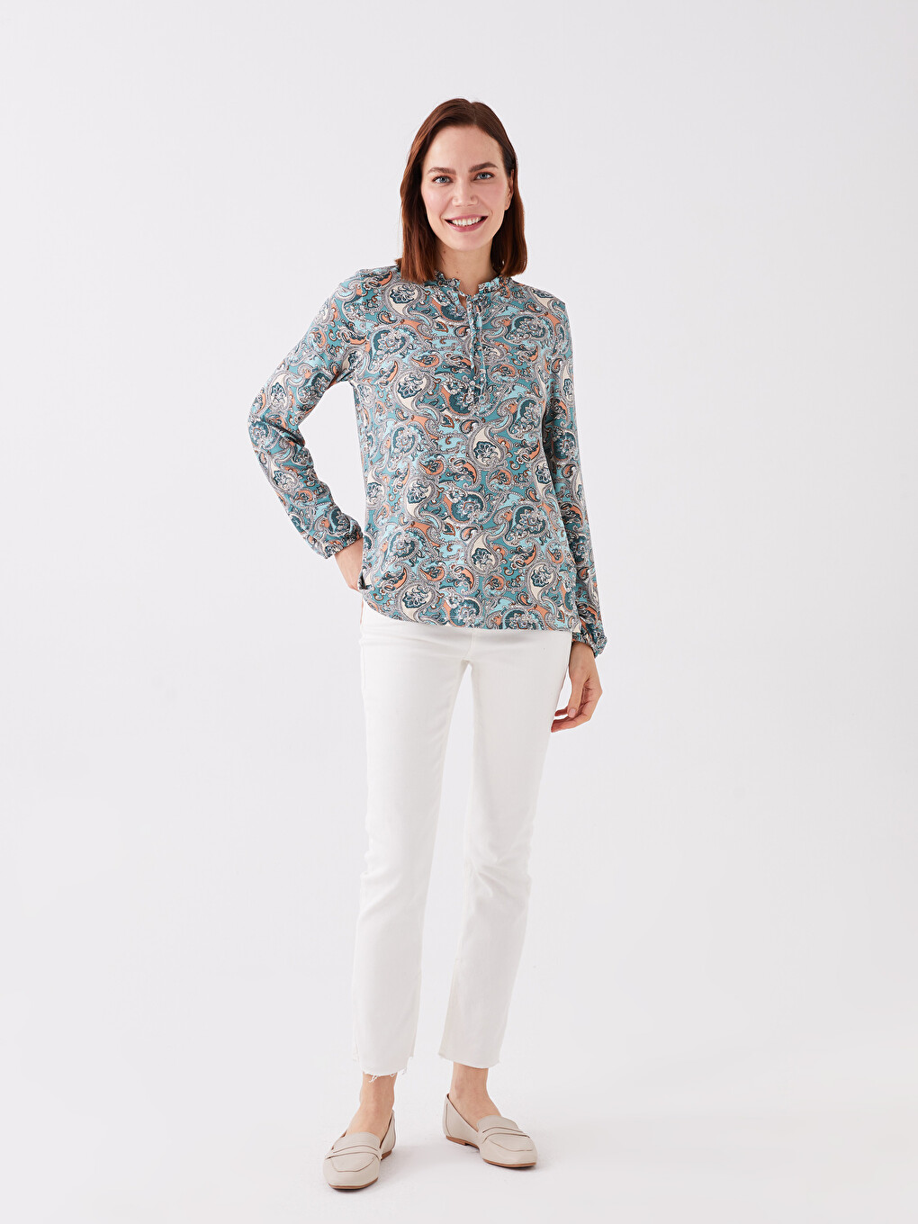 Tie Neck Patterned Long Sleeve Women's Blouse-2