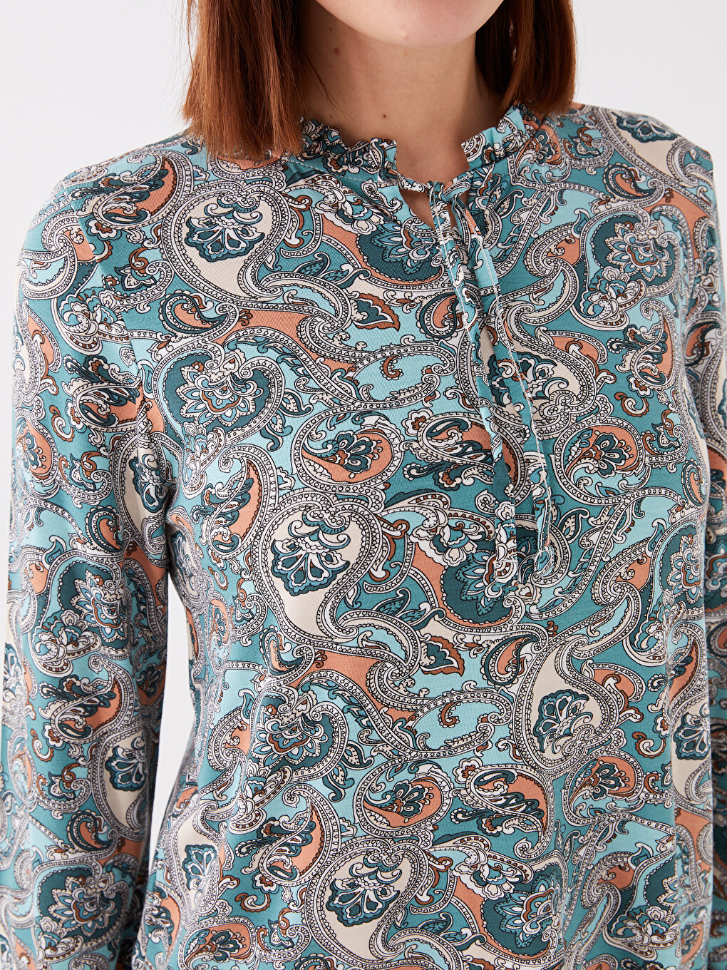 Tie Neck Patterned Long Sleeve Women's Blouse-3