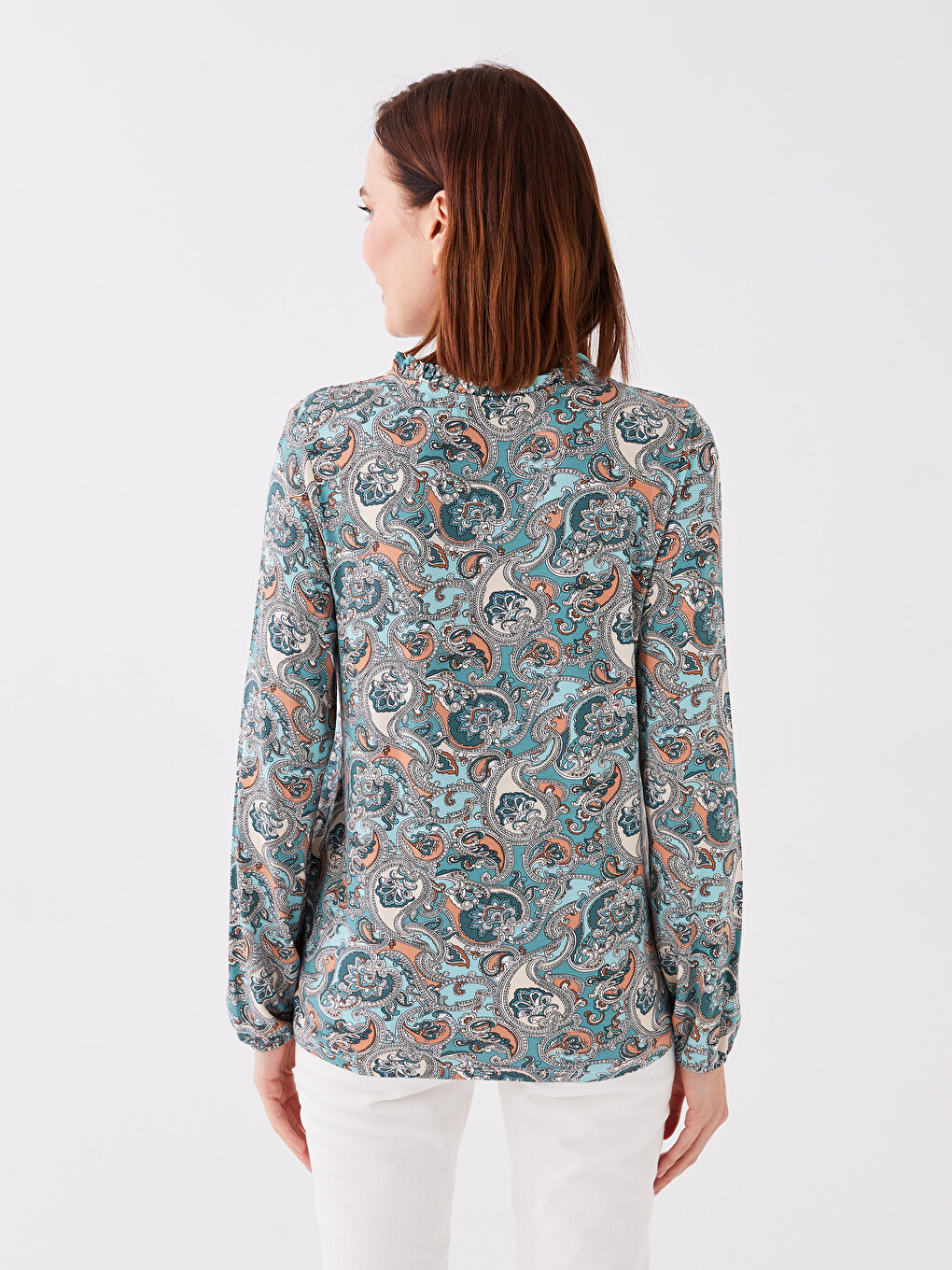 Tie Neck Patterned Long Sleeve Women's Blouse-4