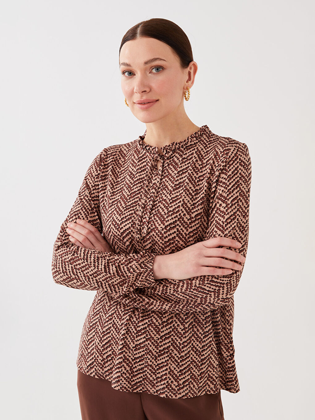 Blouse à Col Lavallière à Motifs et Manches Longues pour Femmes
