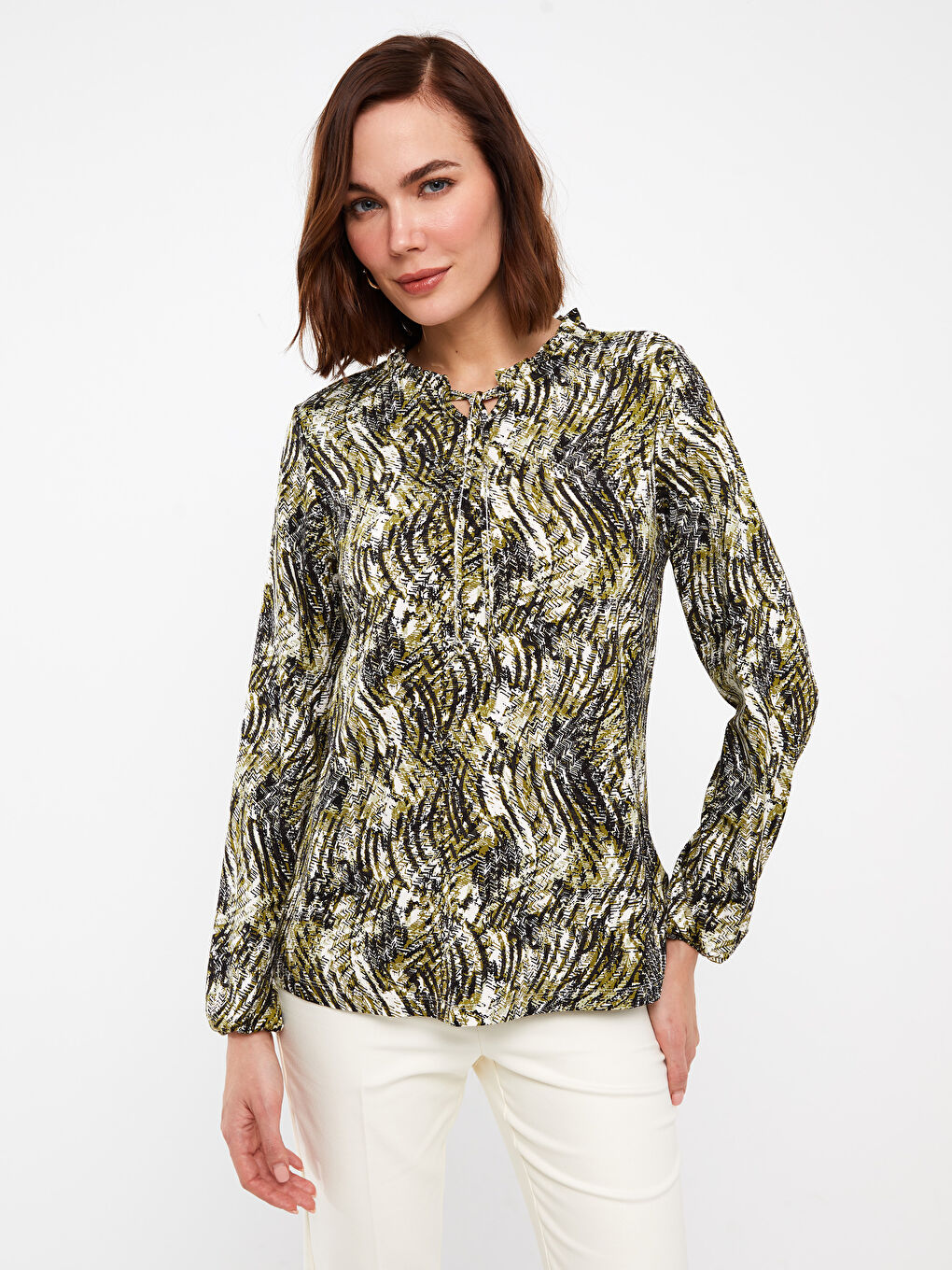 Blouse à Col Lavallière à Motifs et Manches Longues pour Femmes