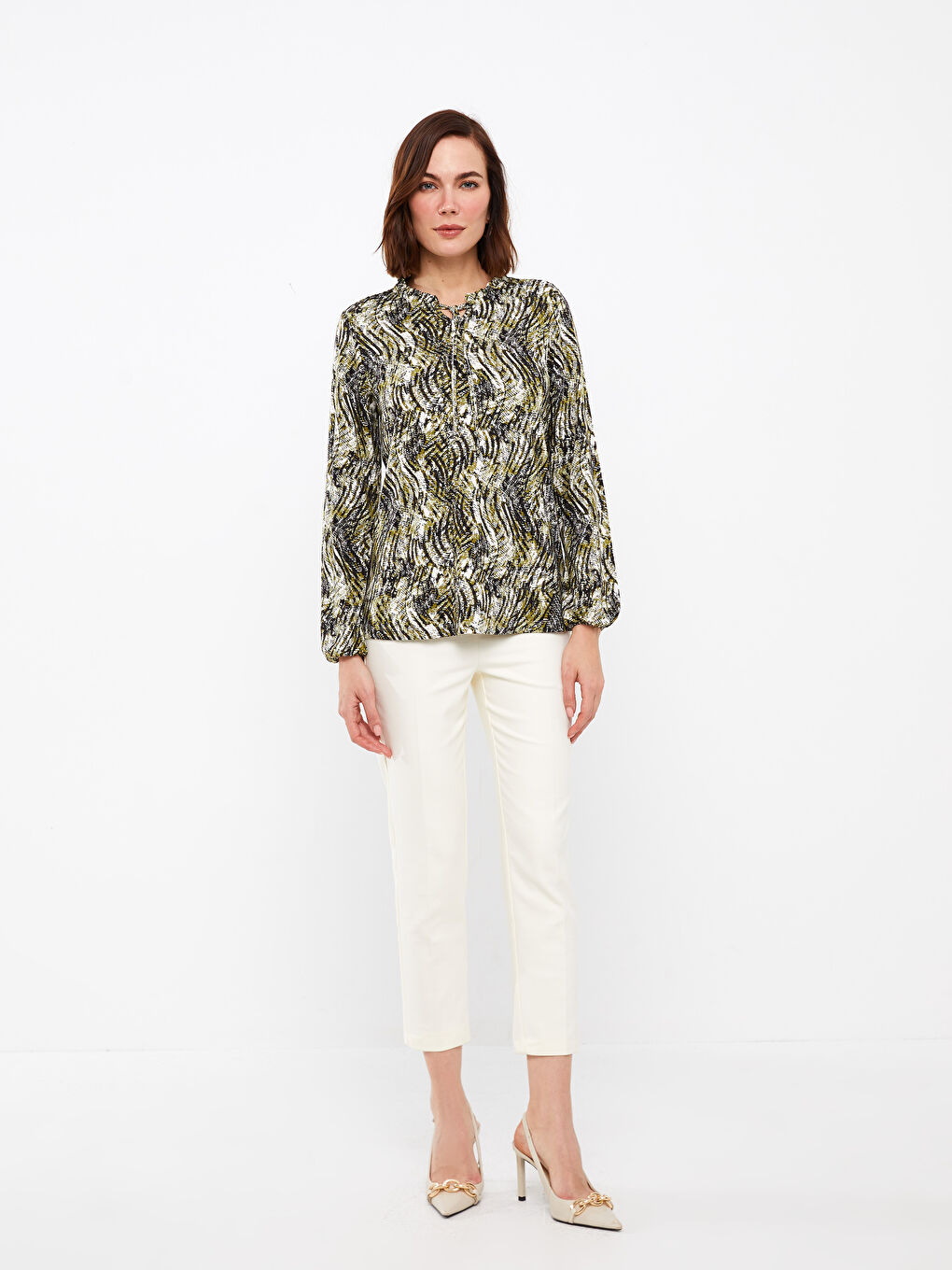 Blouse à Col Lavallière à Motifs et Manches Longues pour Femmes-2