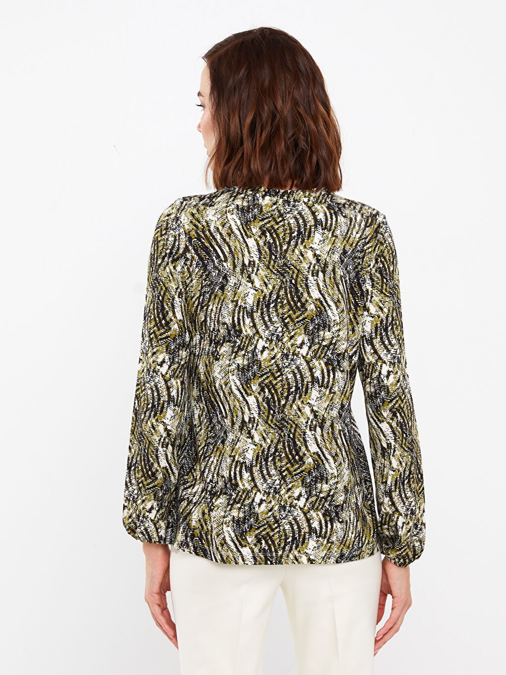 Blouse à Col Lavallière à Motifs et Manches Longues pour Femmes-4