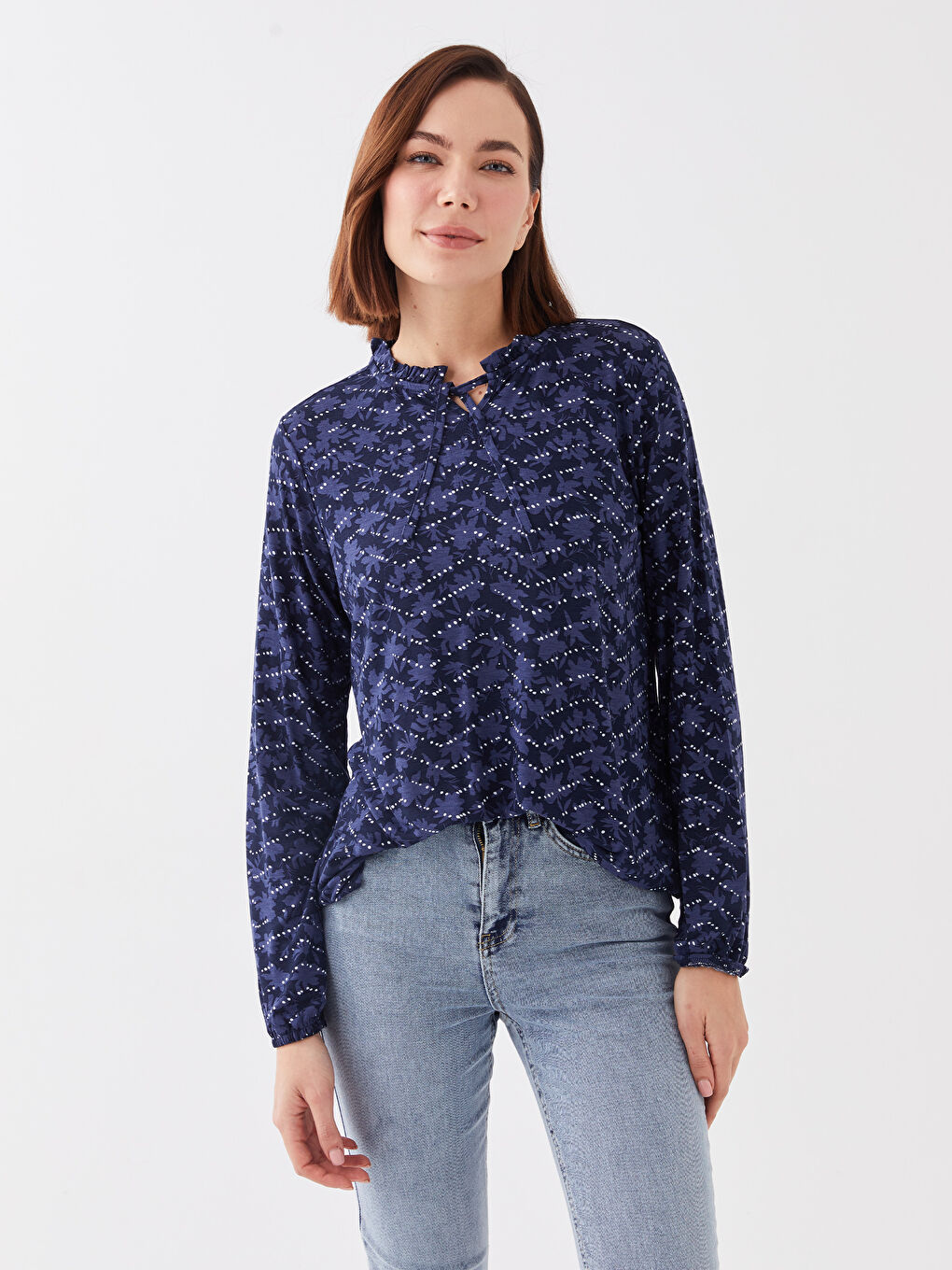 Blouse à Col Lavallière à Motifs et Manches Longues pour Femmes
