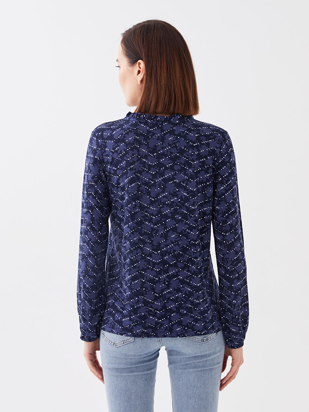 Blouse à Col Lavallière à Motifs et Manches Longues pour Femmes-10