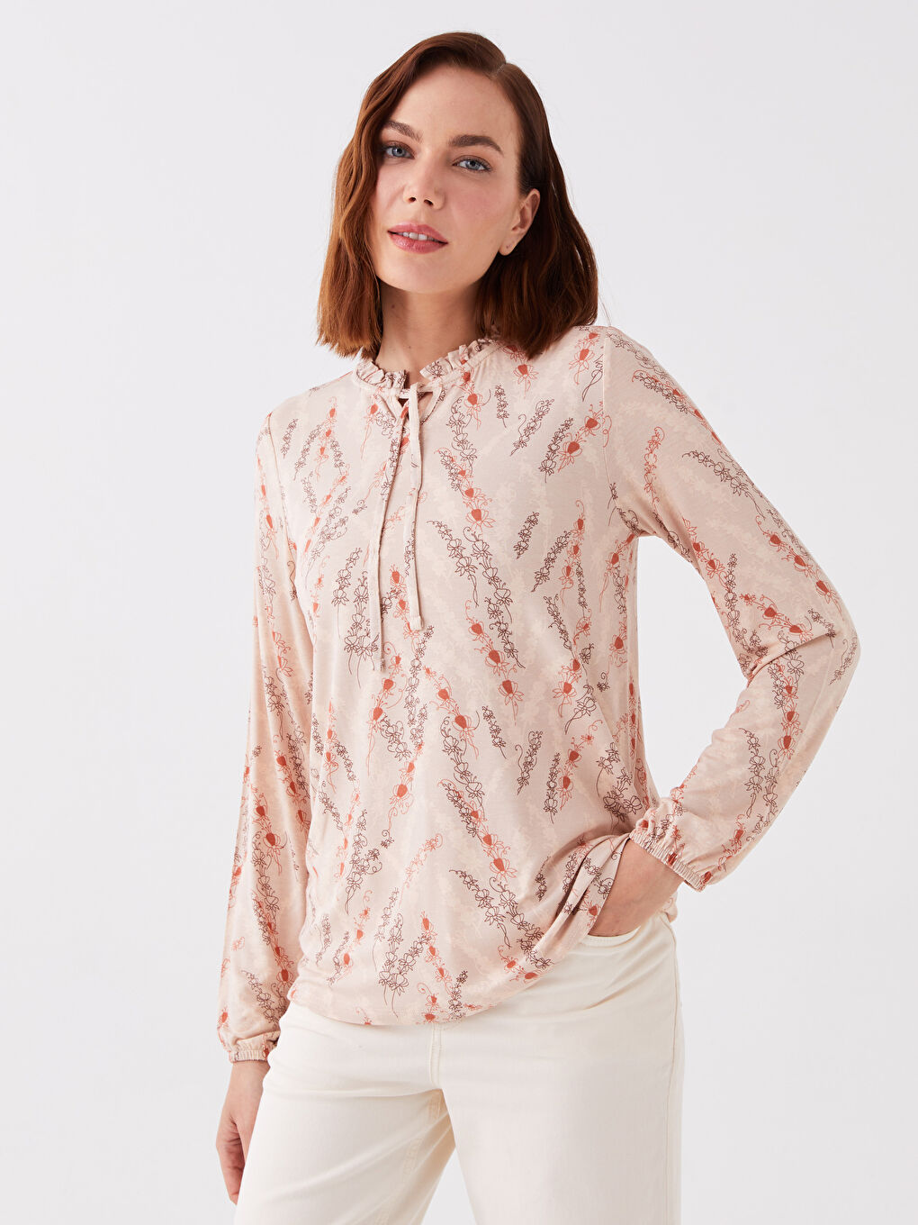 Pembe Bağlamalı Yaka Desenli Uzun Kollu Kadın Bluz