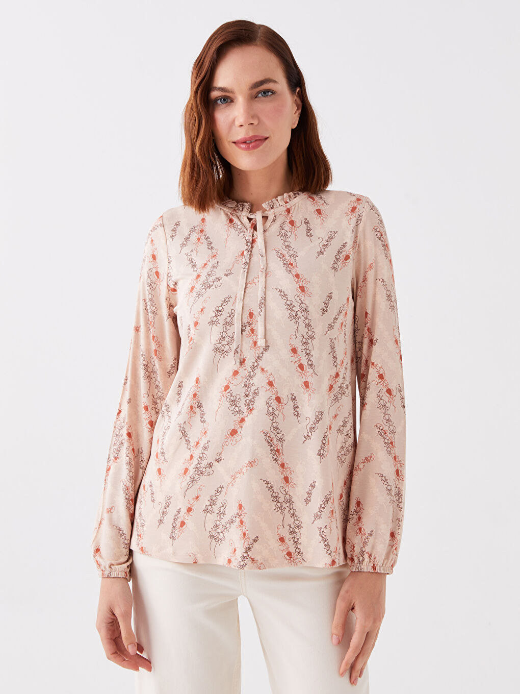 Pembe Bağlamalı Yaka Desenli Uzun Kollu Kadın Bluz-1