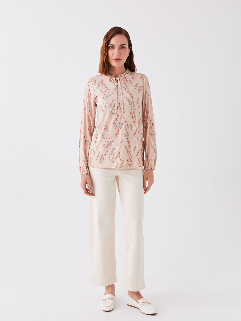 Pembe Bağlamalı Yaka Desenli Uzun Kollu Kadın Bluz-2