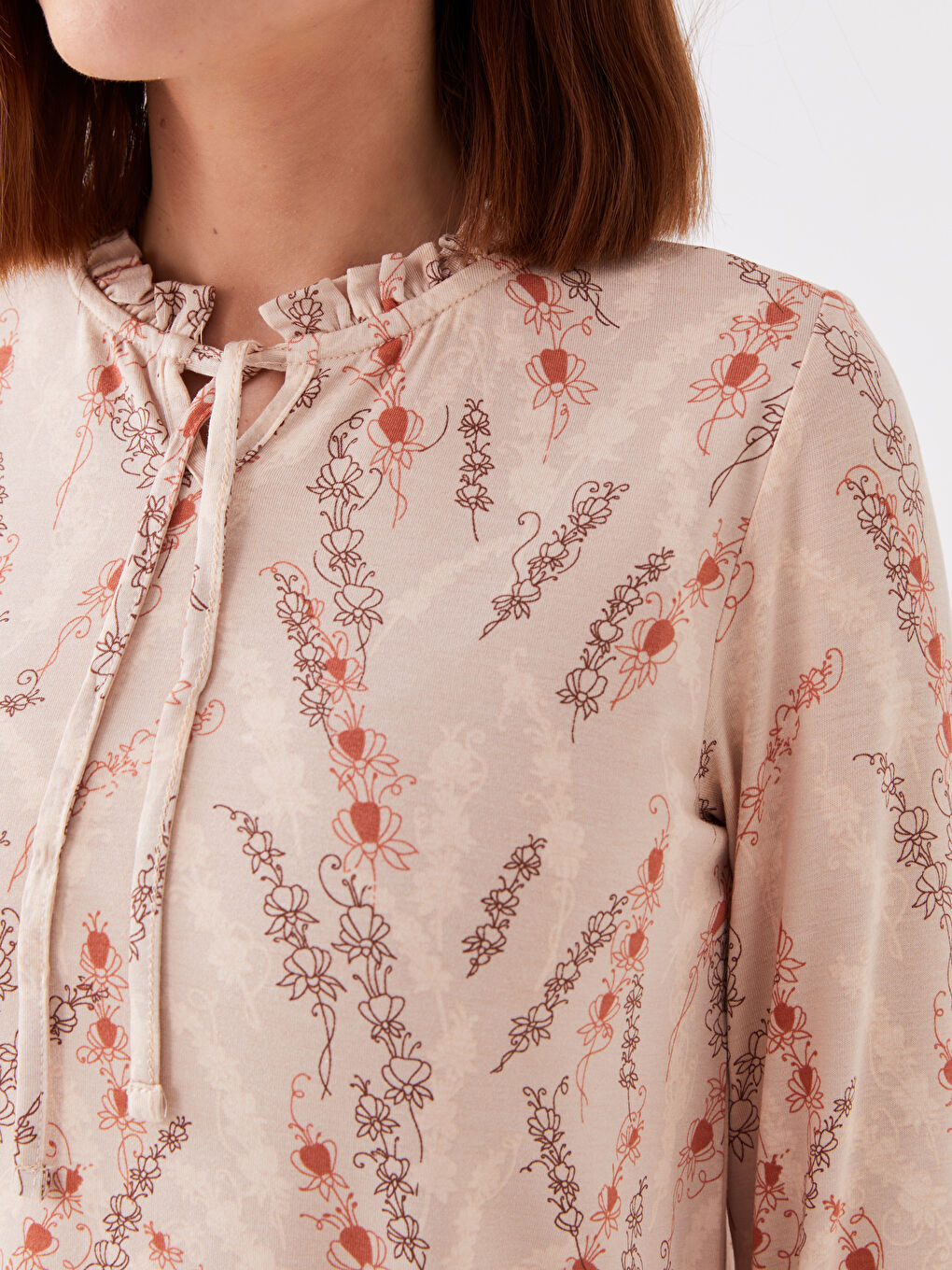 Pembe Bağlamalı Yaka Desenli Uzun Kollu Kadın Bluz-3