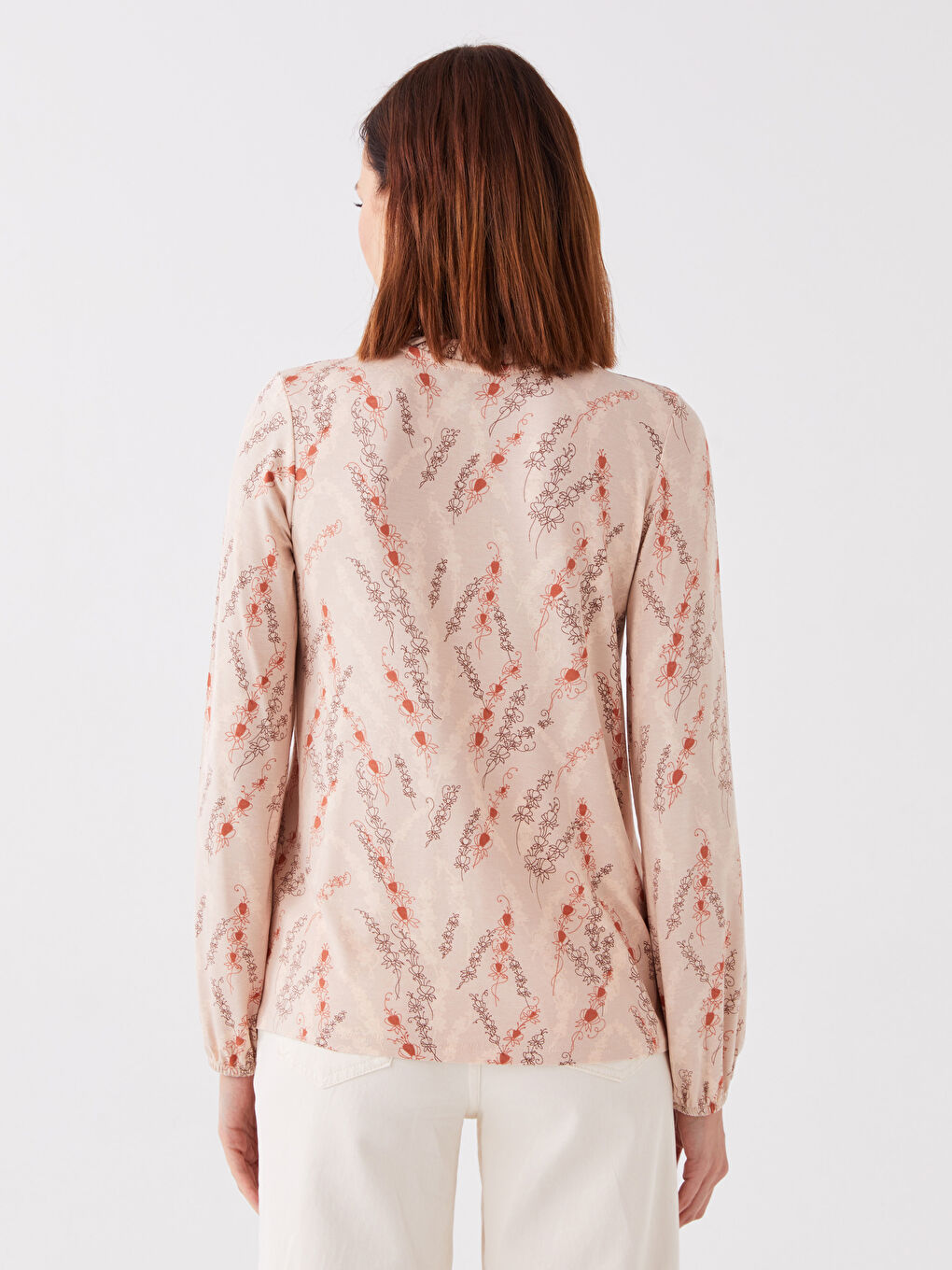 Pembe Bağlamalı Yaka Desenli Uzun Kollu Kadın Bluz-4