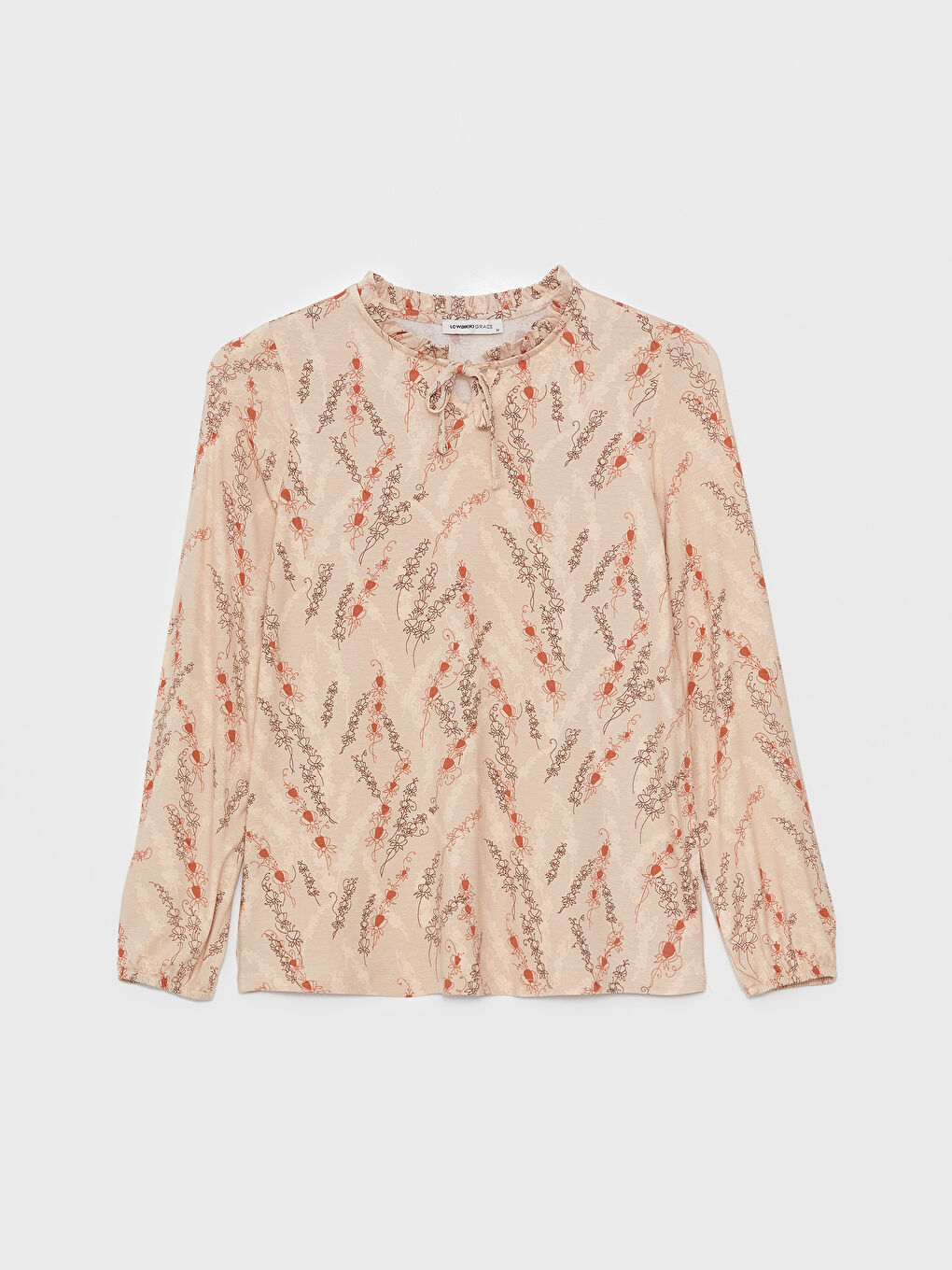 Pembe Bağlamalı Yaka Desenli Uzun Kollu Kadın Bluz-5