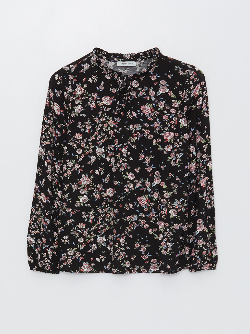 Siyah Bağlamalı Yaka Desenli Uzun Kollu Kadın Bluz-5