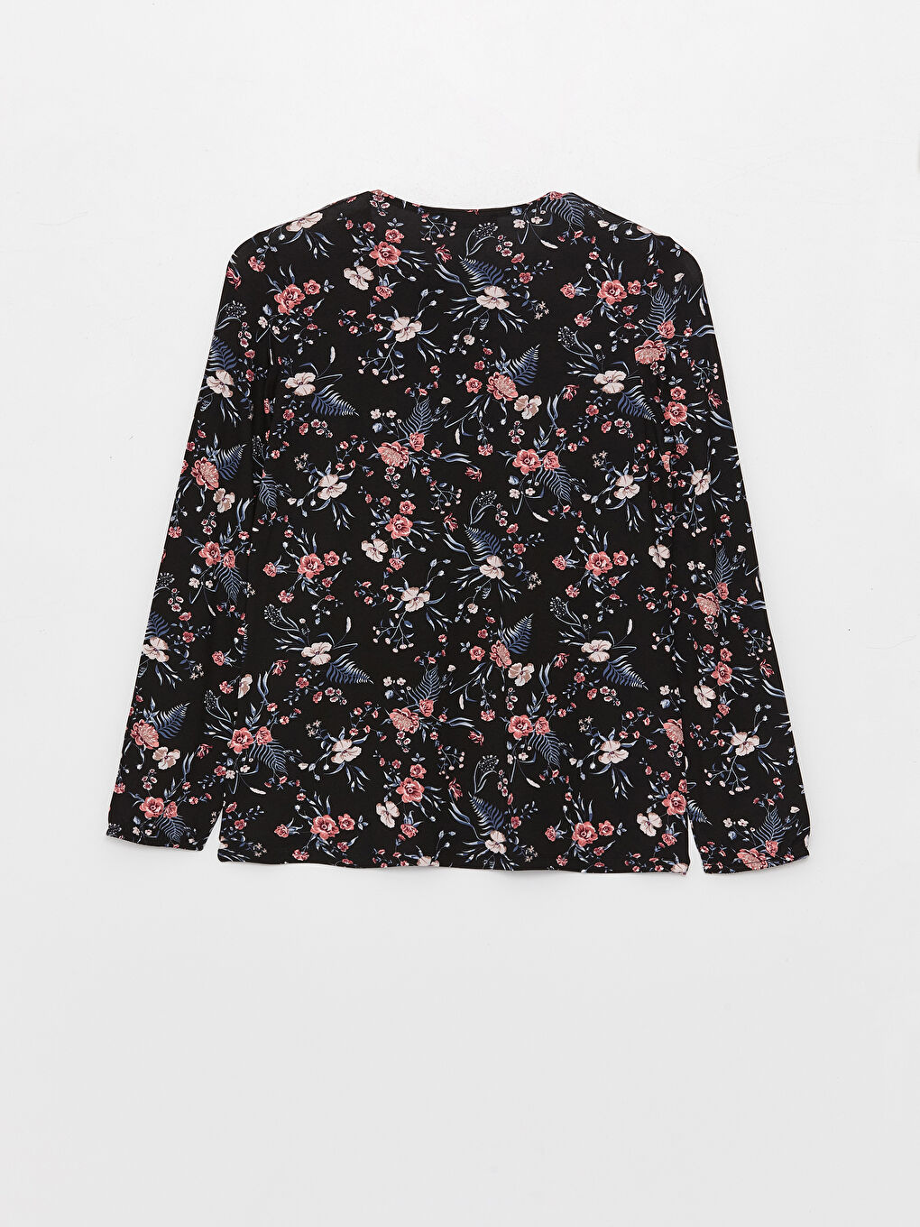 Siyah Bağlamalı Yaka Çiçekli Uzun Kollu Kadın Bluz-6