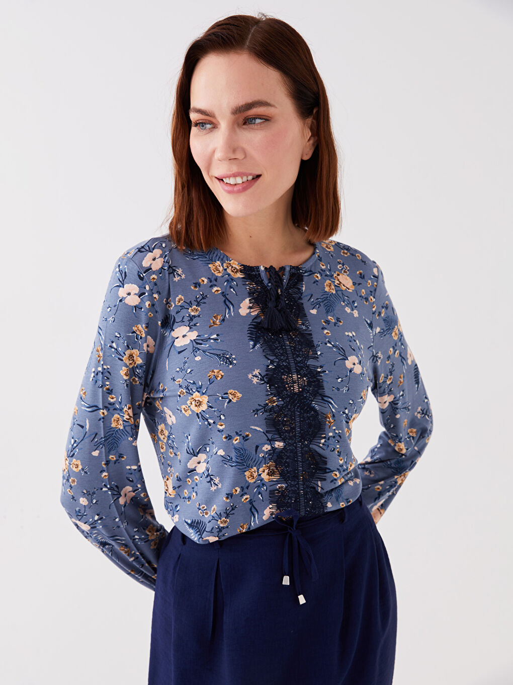 Tie Neck Floral Long Sleeve Women's Blouse