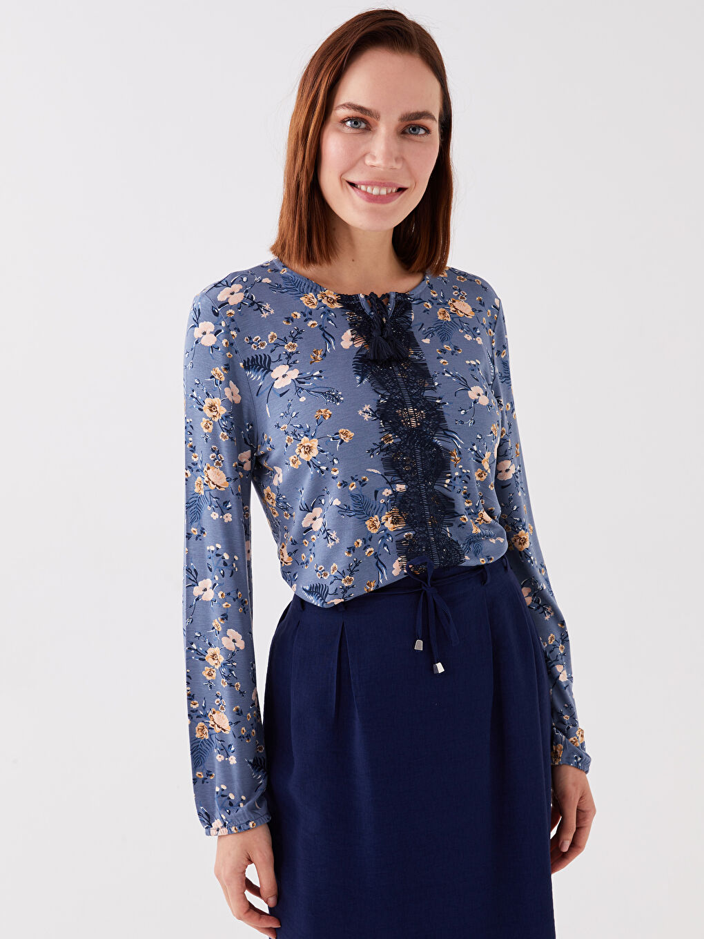 Tie Neck Floral Long Sleeve Women's Blouse-1