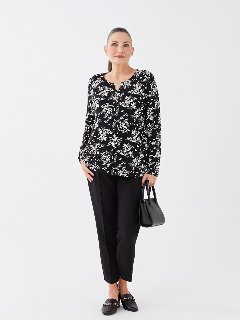 Блузка с круглым вырезом, узором и длинным рукавом для женщин-2