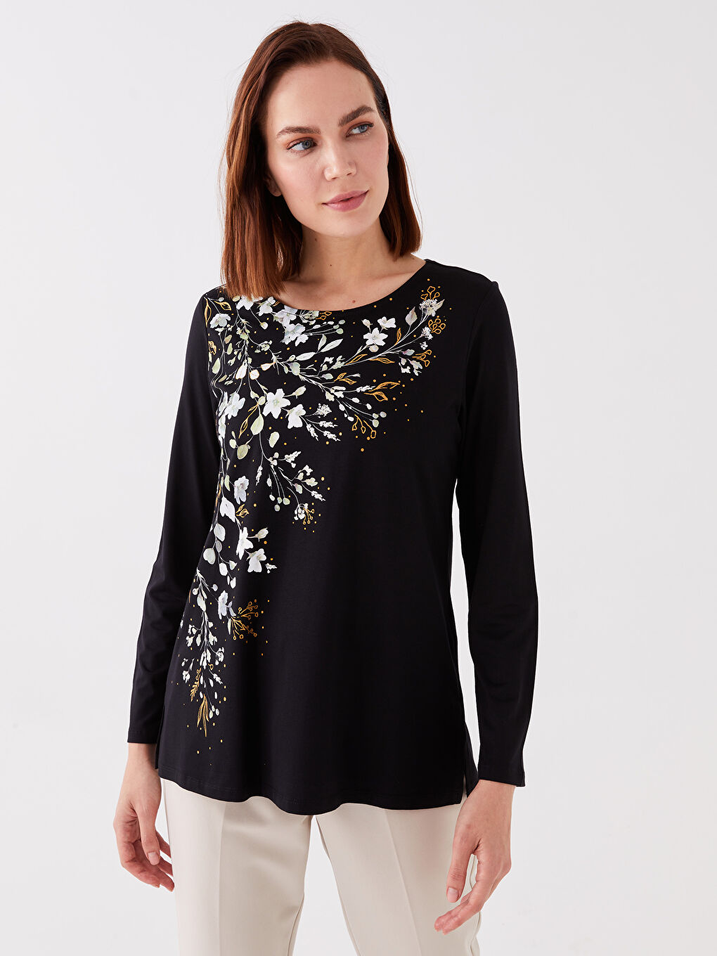 Siyah Bisiklet Yaka Desenli Uzun Kollu Kadın Bluz