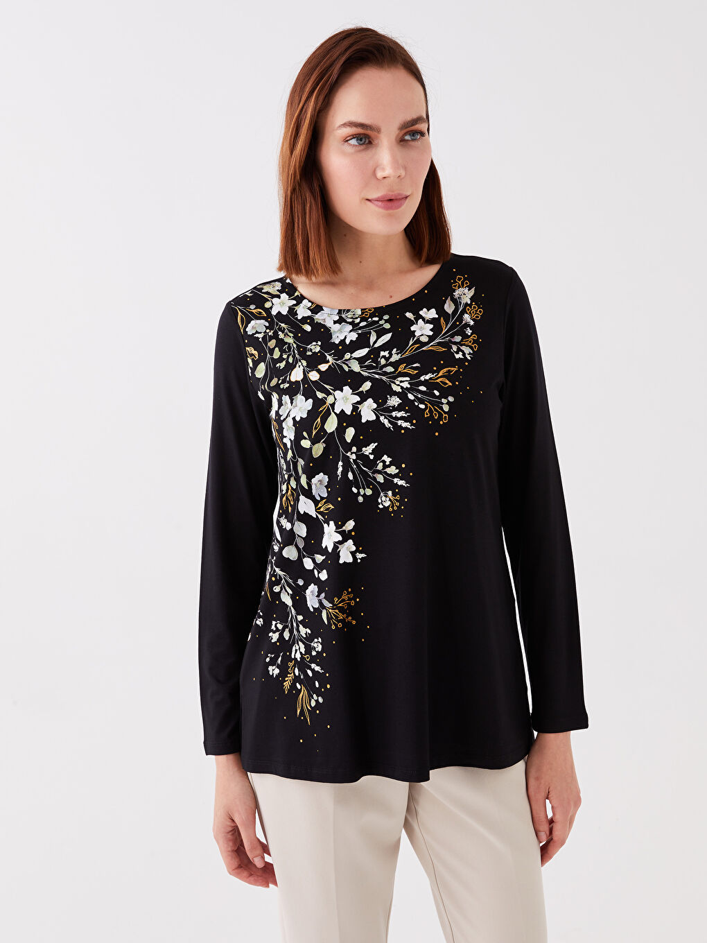 Siyah Bisiklet Yaka Desenli Uzun Kollu Kadın Bluz-1