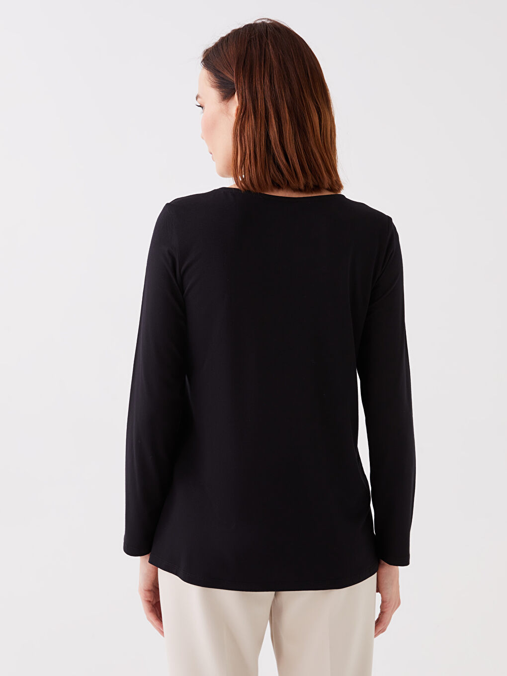 Siyah Bisiklet Yaka Desenli Uzun Kollu Kadın Bluz-4