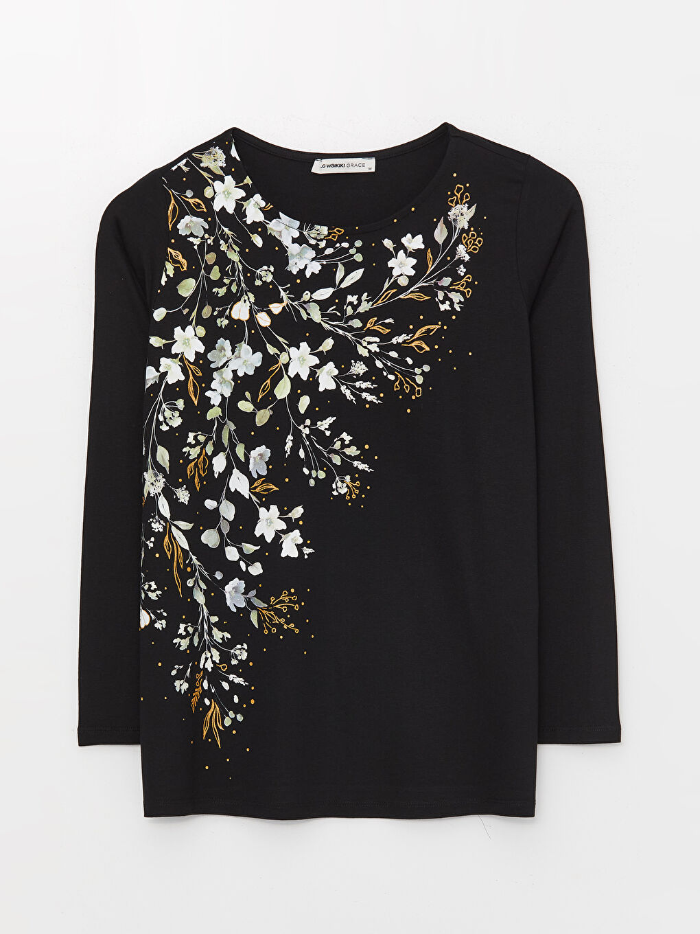 Siyah Bisiklet Yaka Desenli Uzun Kollu Kadın Bluz-5