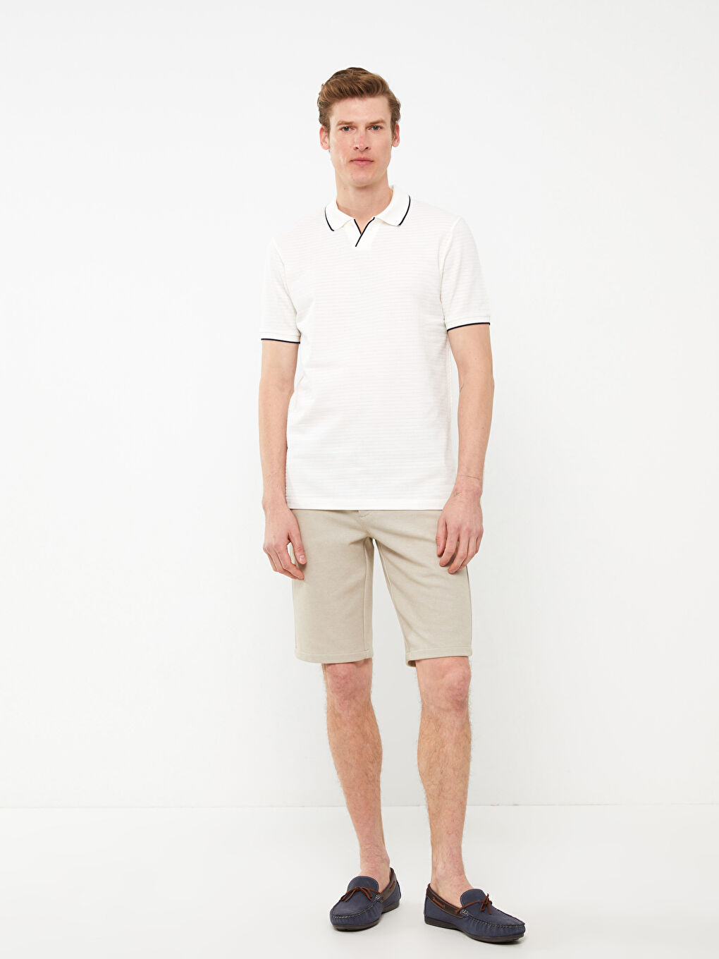 Beyaz Polo Yaka Kısa Kollu Penye Erkek Tişört-2