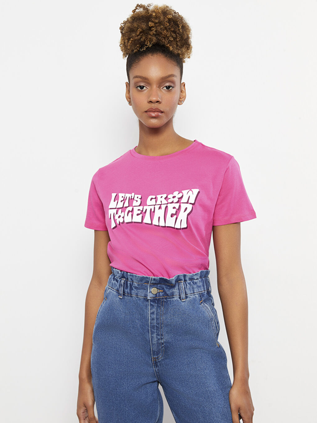 Fuşya Bisiklet Yaka Baskılı Kısa Kollu Kadın Tişört-2