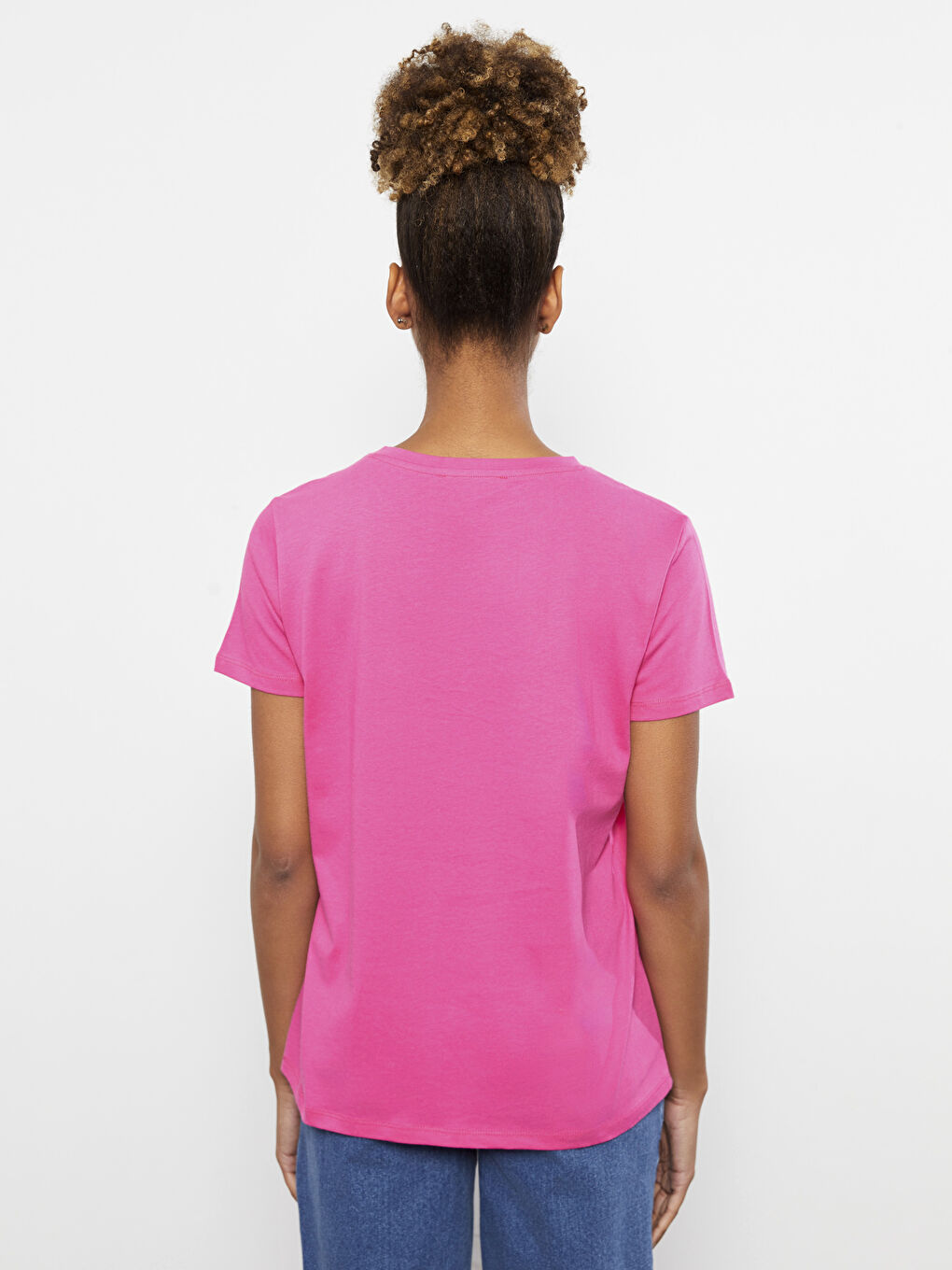 Fuşya Bisiklet Yaka Baskılı Kısa Kollu Kadın Tişört-3
