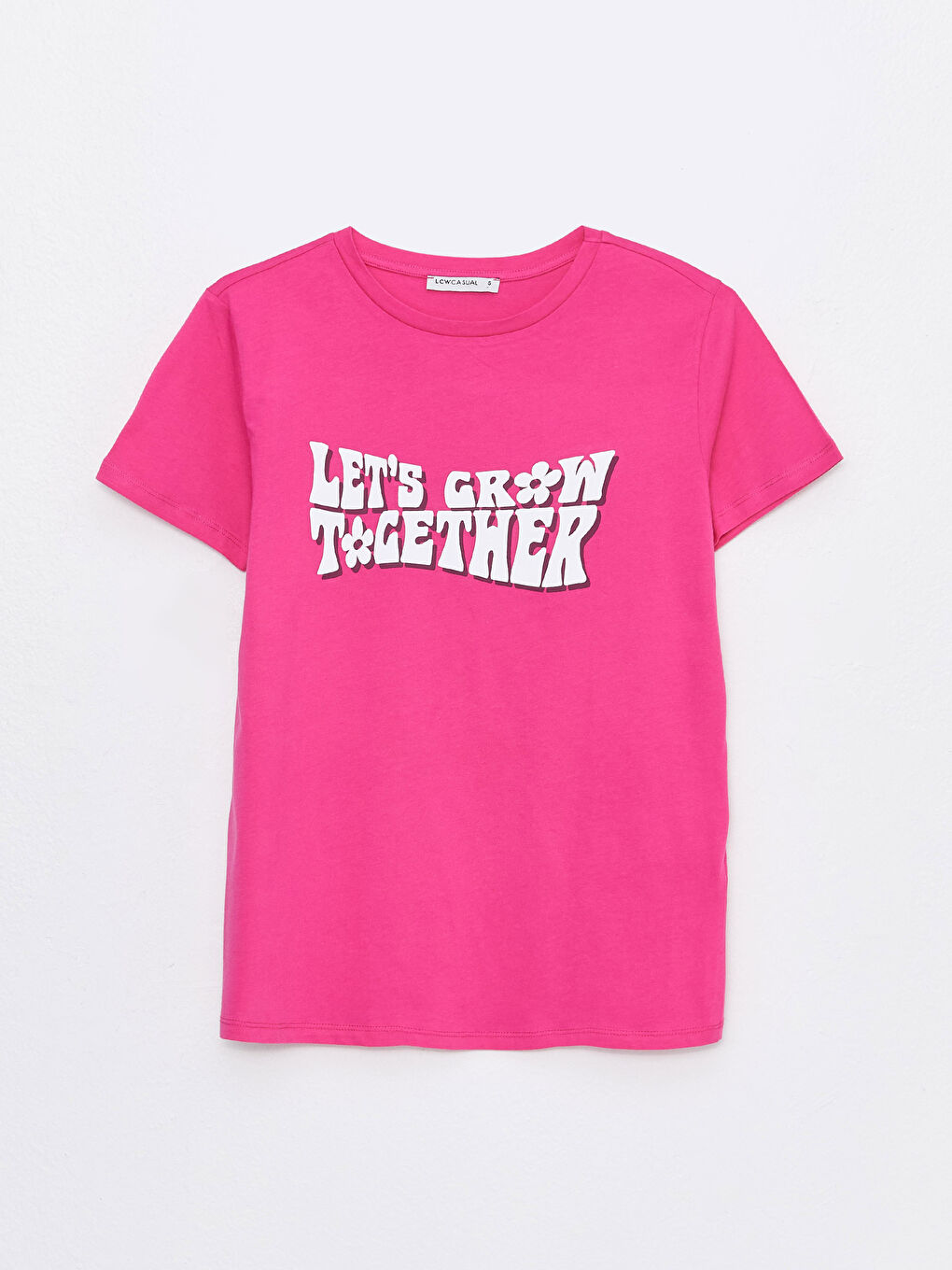 Fuşya Bisiklet Yaka Baskılı Kısa Kollu Kadın Tişört-4