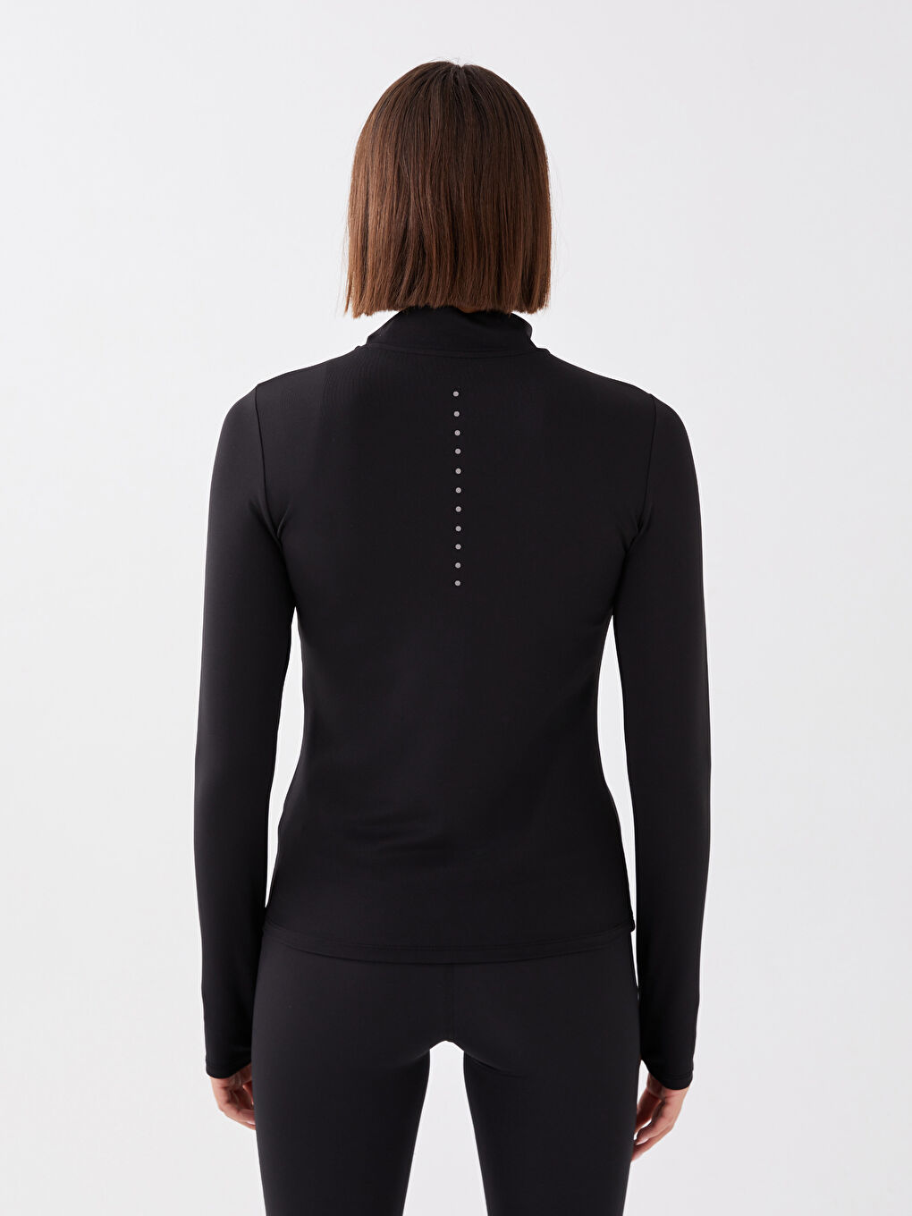 Siyah Dik Yaka Reflektör Baskılı Uzun Kollu Kadın Tişört-4