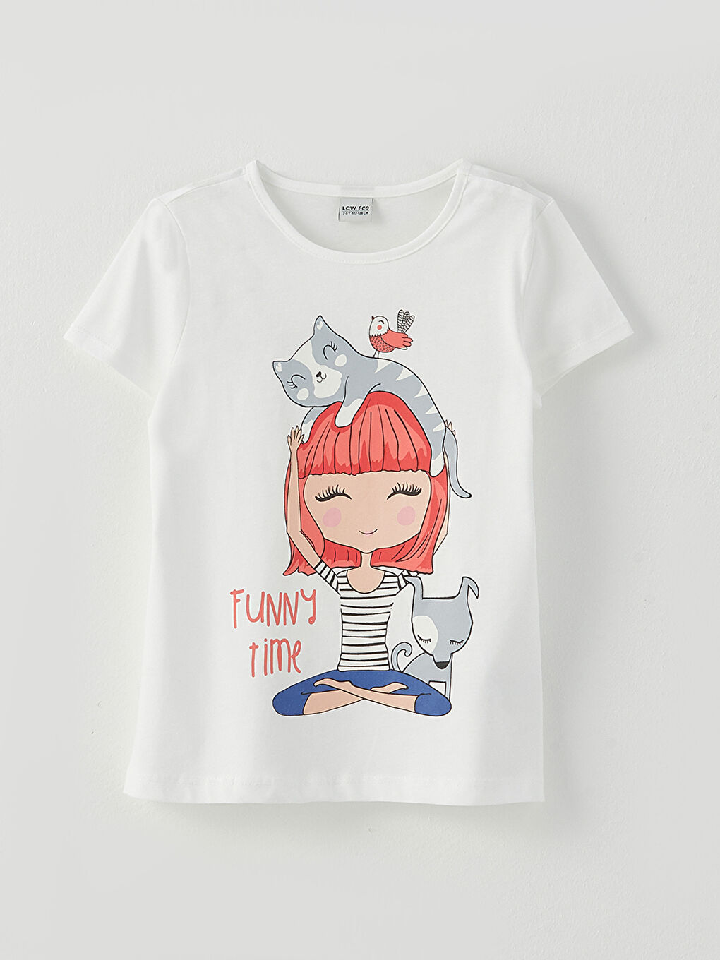 تيشيرت بناتي ياقة دائرية كم قصير قطن مطبوع