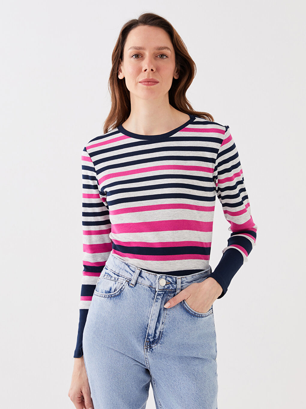 بلوزة كم طويل مخطط بياقة دائرية للسيدات-1