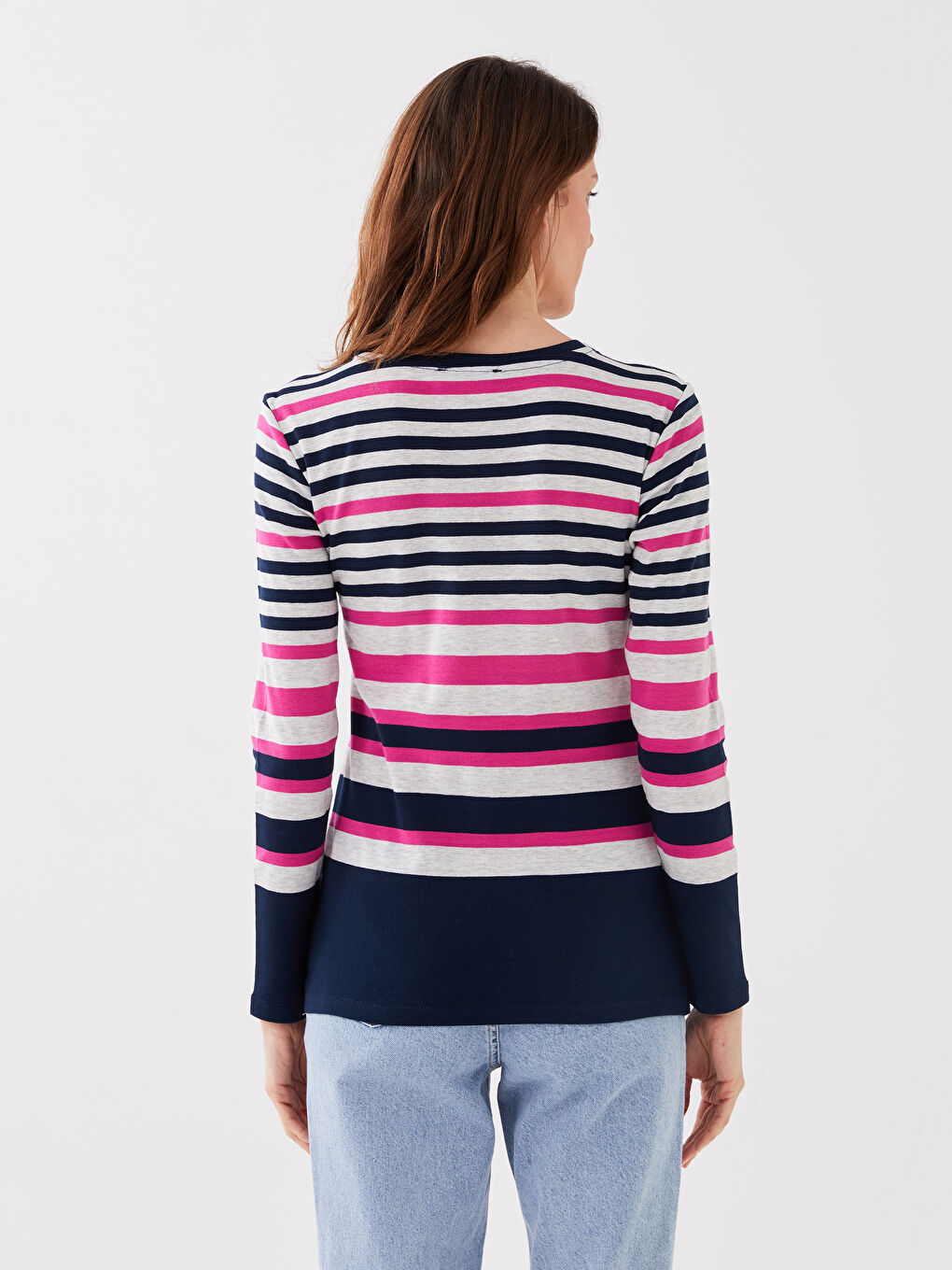 بلوزة كم طويل مخطط بياقة دائرية للسيدات-4