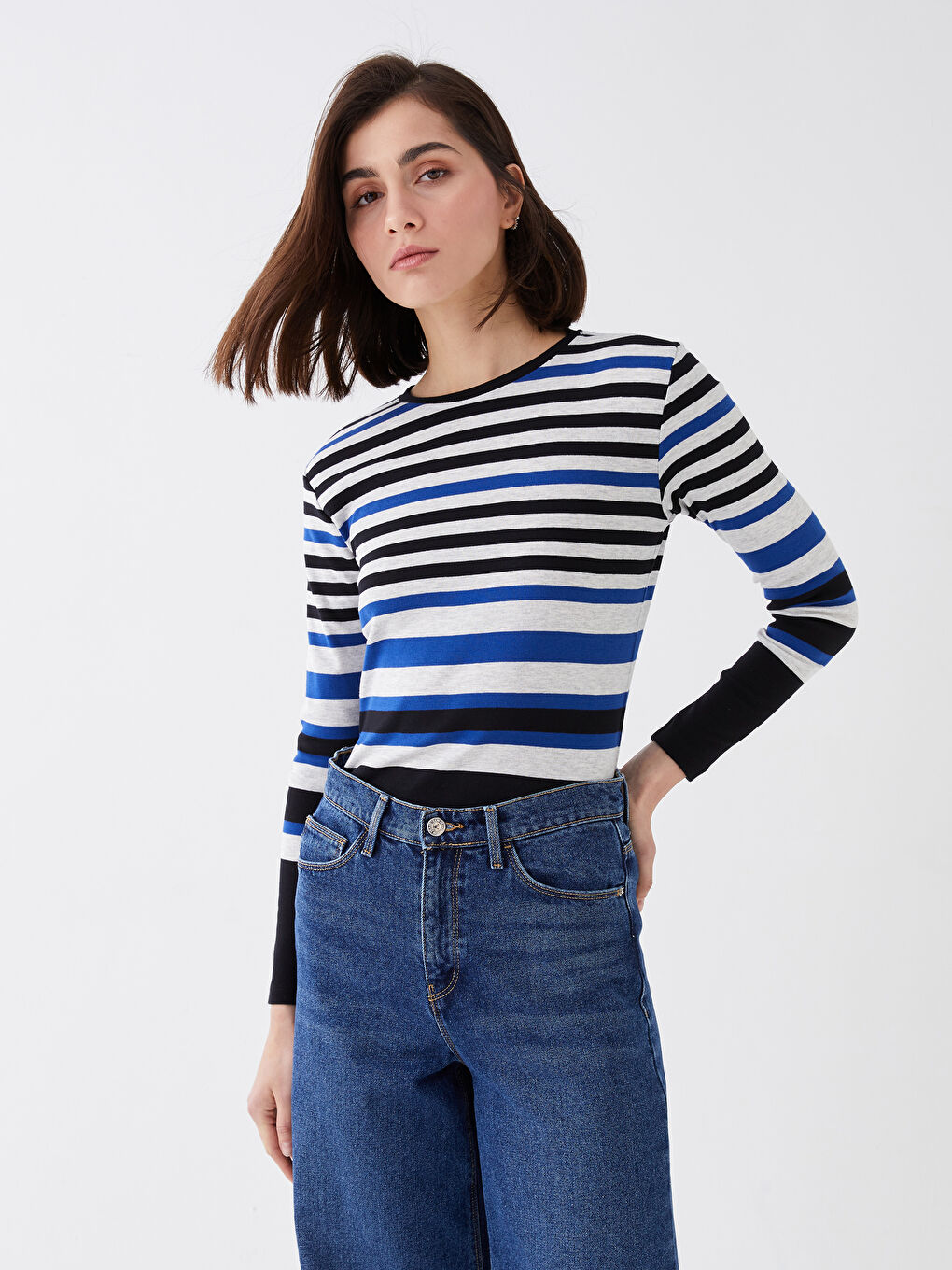 LCWAIKIKI Basic Crew Neck Striped Long Sleeve Women's Blouse -S33820Z8-LGS