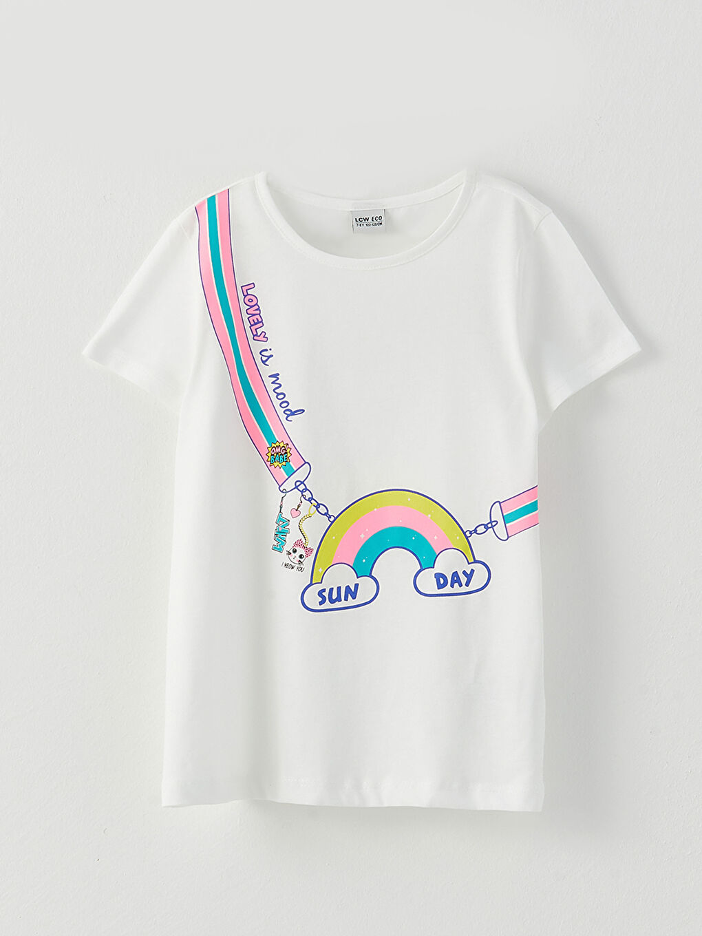 Ekru Bisiklet Yaka Baskılı Kısa Kollu Pamuklu Kız Çocuk Tişört