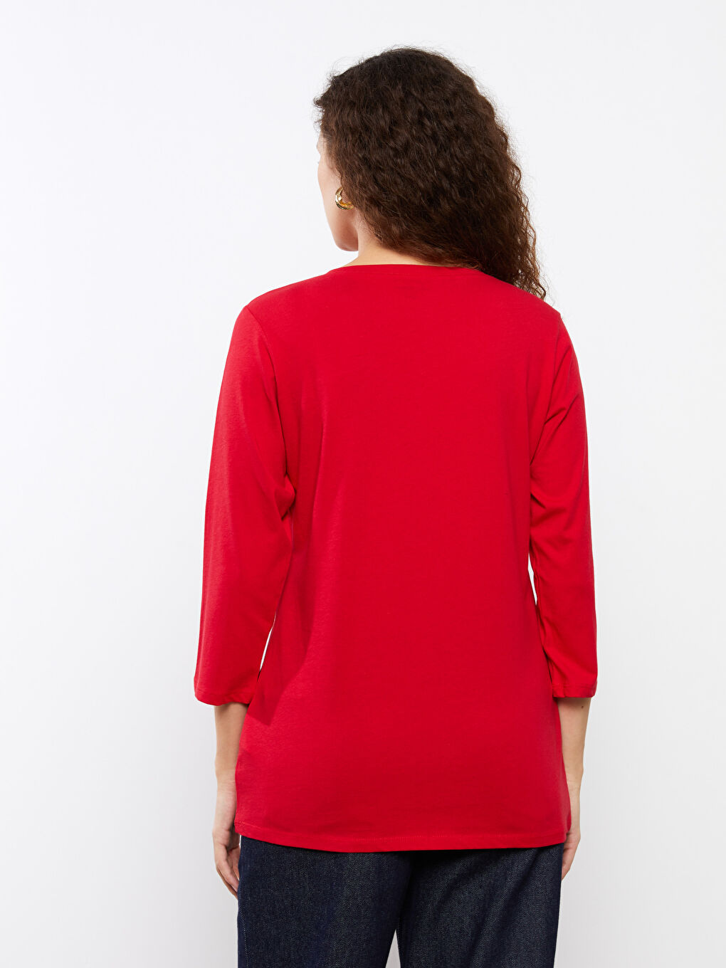 Kırmızı Kadın Bisiklet Yaka Düz Tişört-4