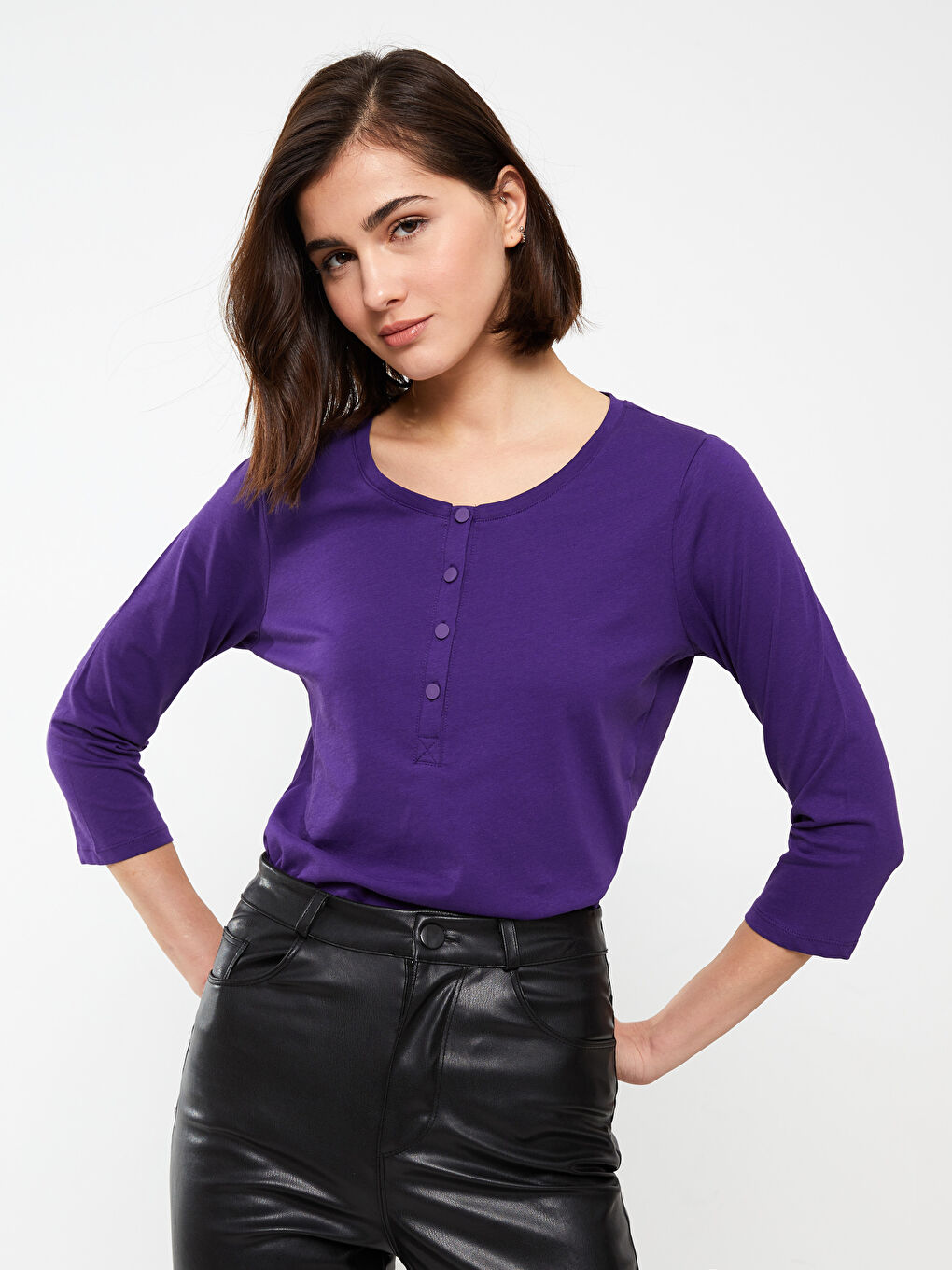 Mor Kadın Bisiklet Yaka Düz Tişört-1