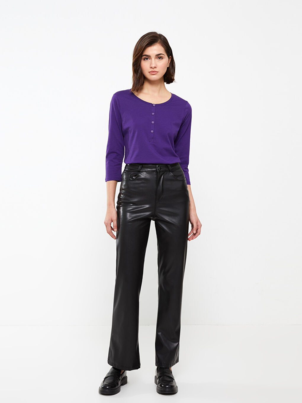 Mor Kadın Bisiklet Yaka Düz Tişört-2