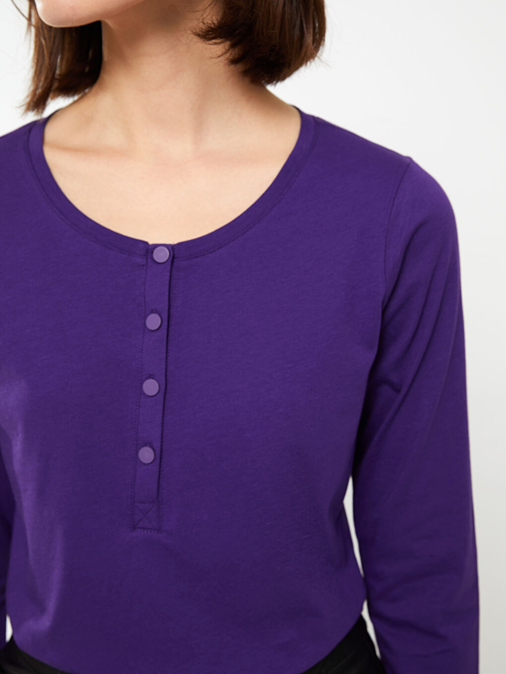 Mor Kadın Bisiklet Yaka Düz Tişört-3