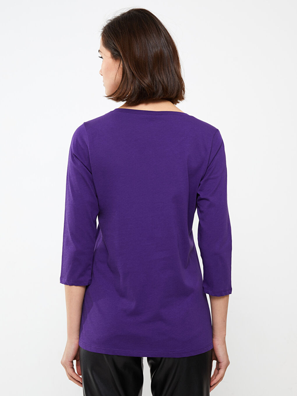 Mor Kadın Bisiklet Yaka Düz Tişört-4