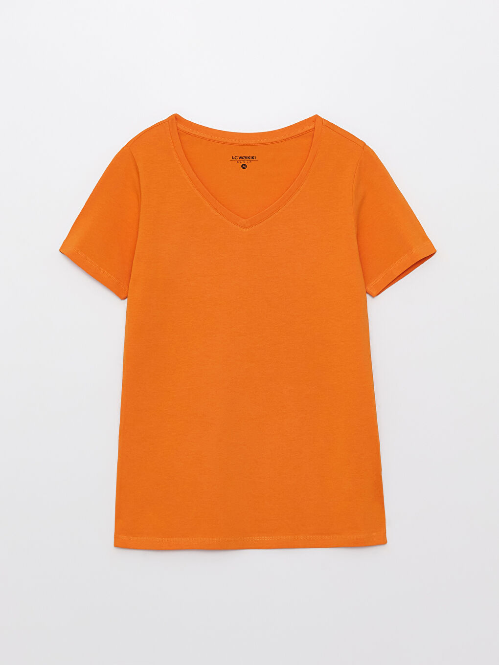 Turuncu V Yaka Düz Kısa Kollu Pamuklu Kadın Tişört-5