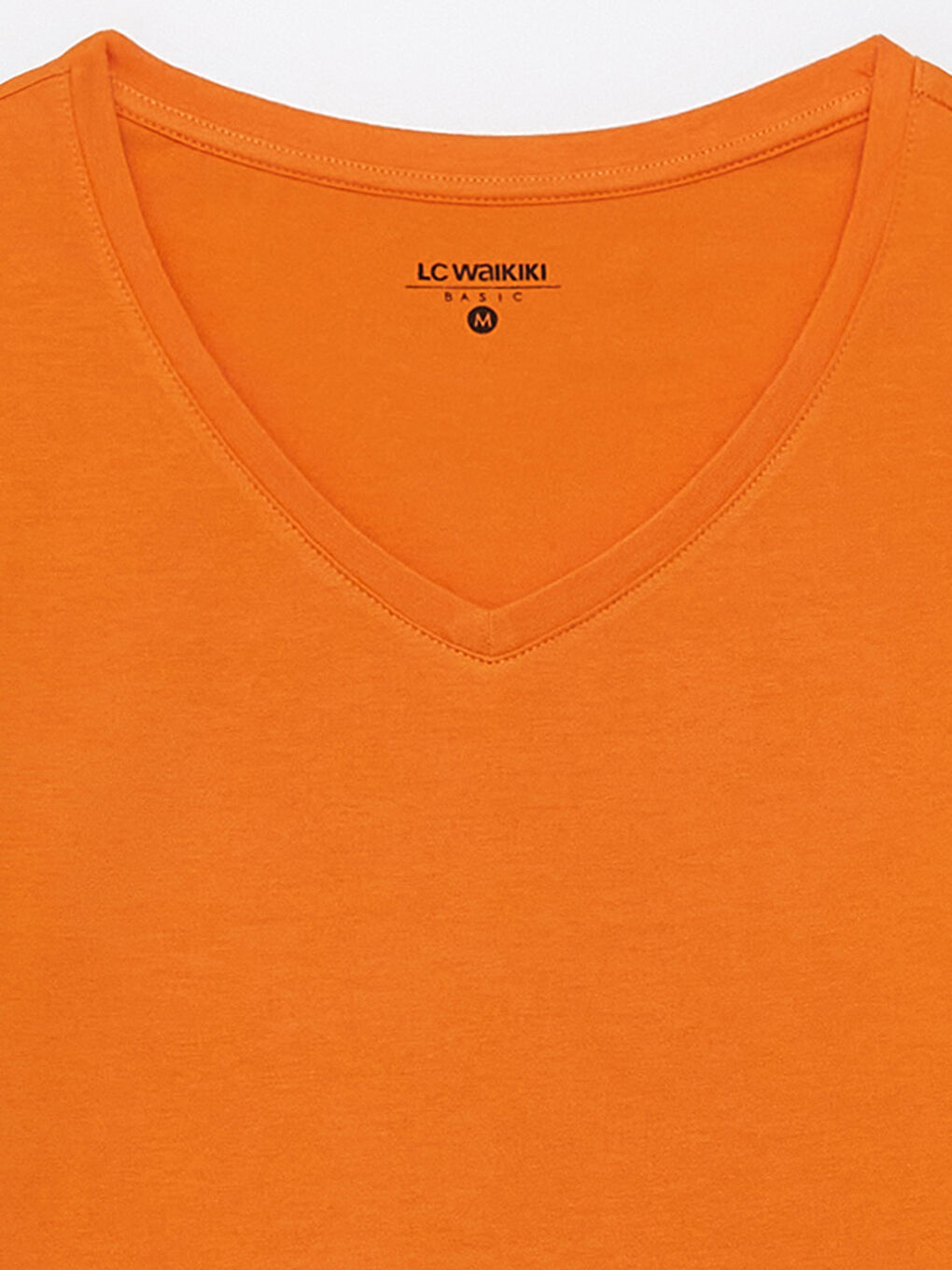 Turuncu V Yaka Düz Kısa Kollu Pamuklu Kadın Tişört-7
