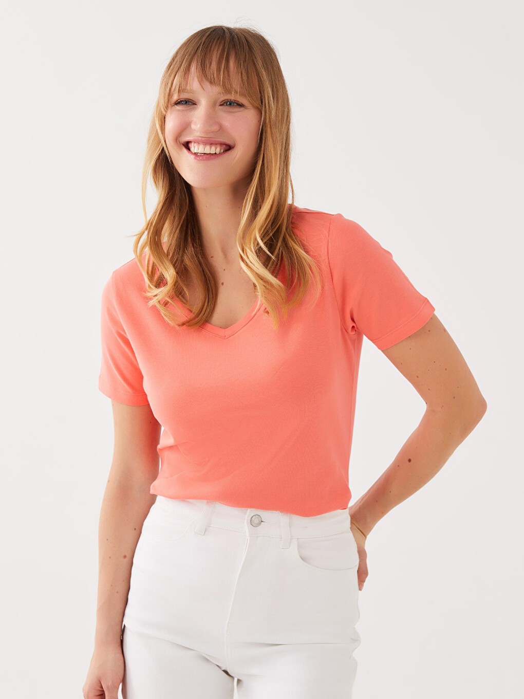 V-neck Straight Short Sleeve Cotton Women's T-shirt