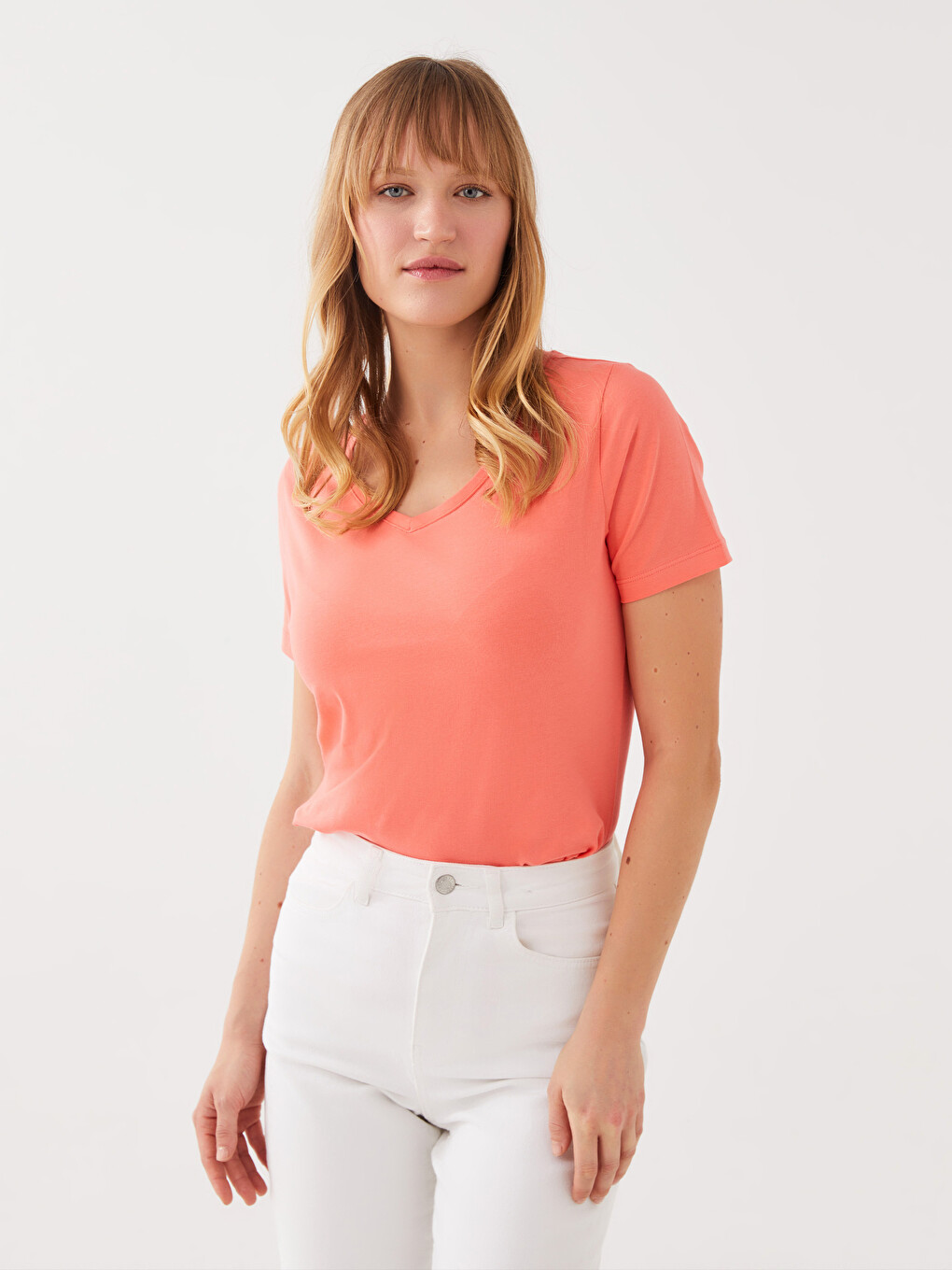 V-neck Straight Short Sleeve Cotton Women's T-shirt-1